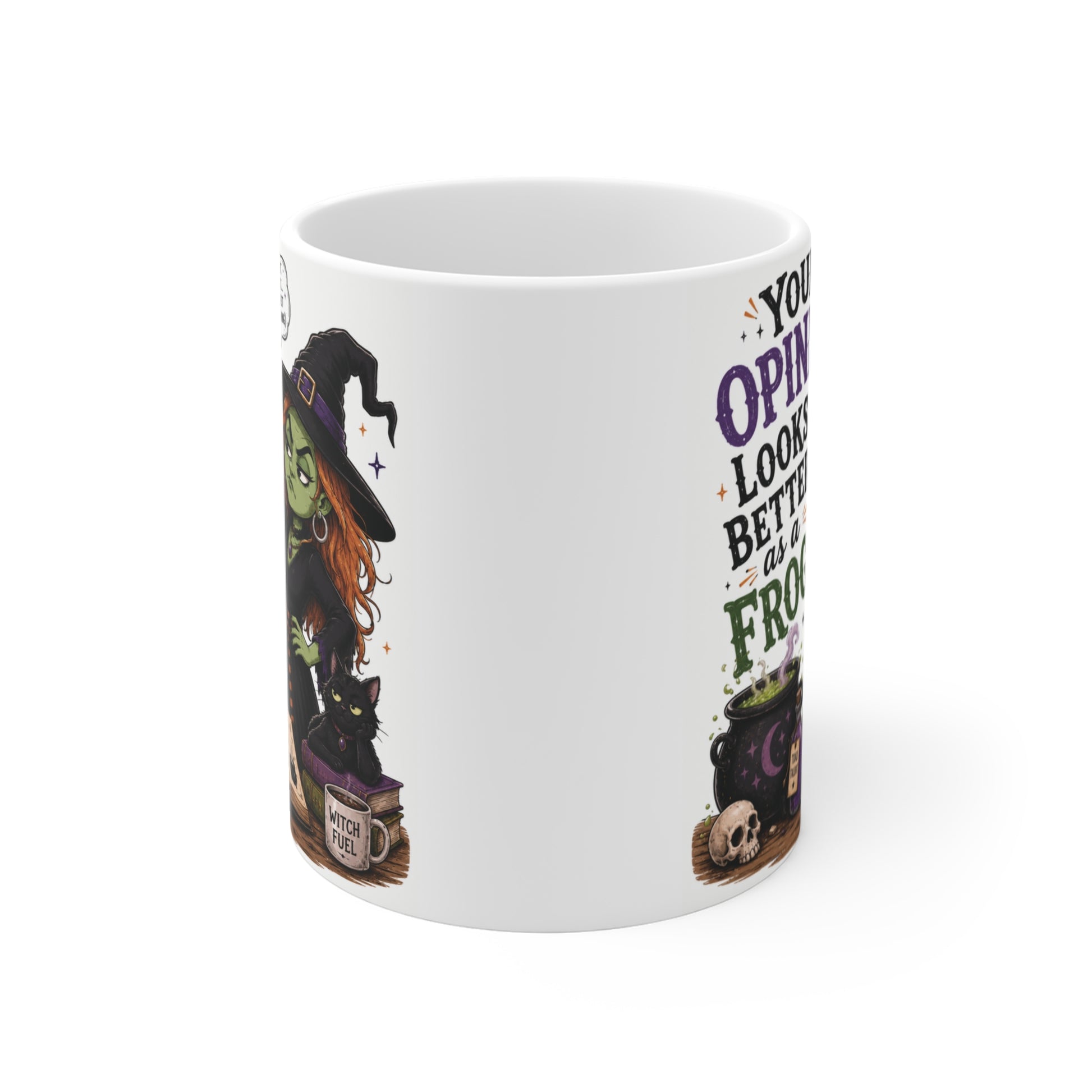 Funny witchy coffee mug with a green witch, potion bottles, skull, and frog illustration for gothic and alt style drinkware gifts.