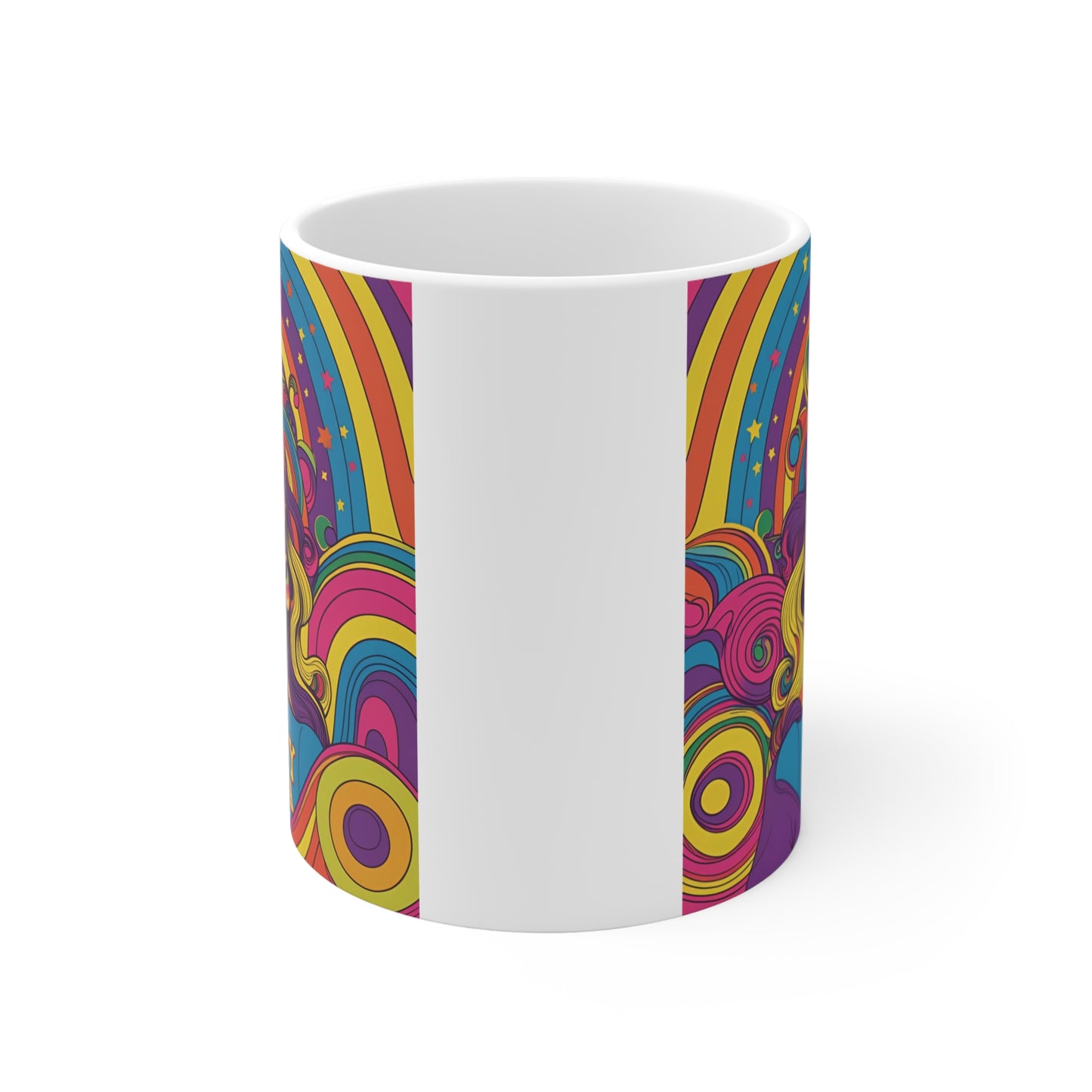 Colorful ceramic coffee mug featuring groovy mama illustration