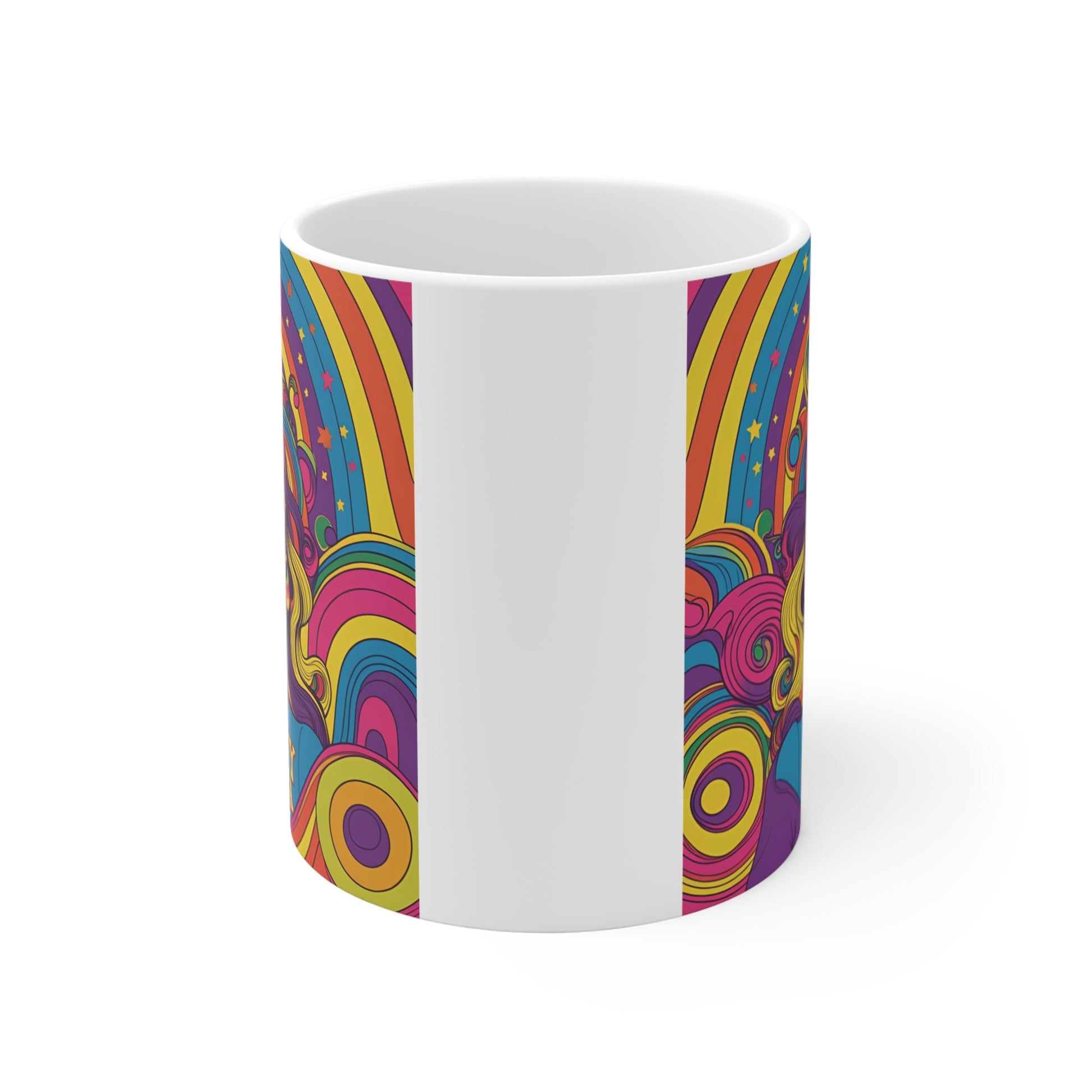 Colorful ceramic coffee mug featuring groovy mama illustration