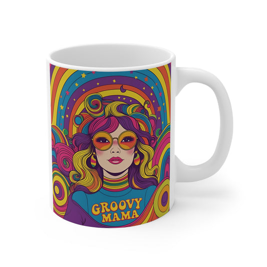 Groovy Mama retro psychedelic 11oz coffee mug with colorful rainbow design