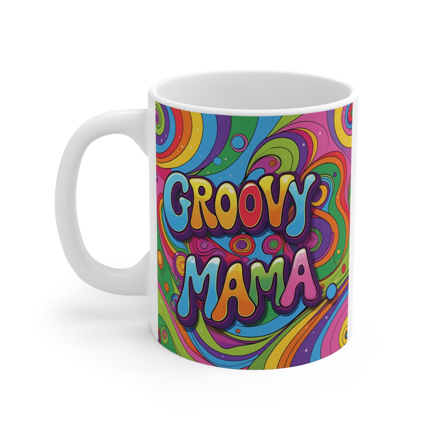 Funky vintage 70s style mom mug with bold rainbow colors and groovy lettering