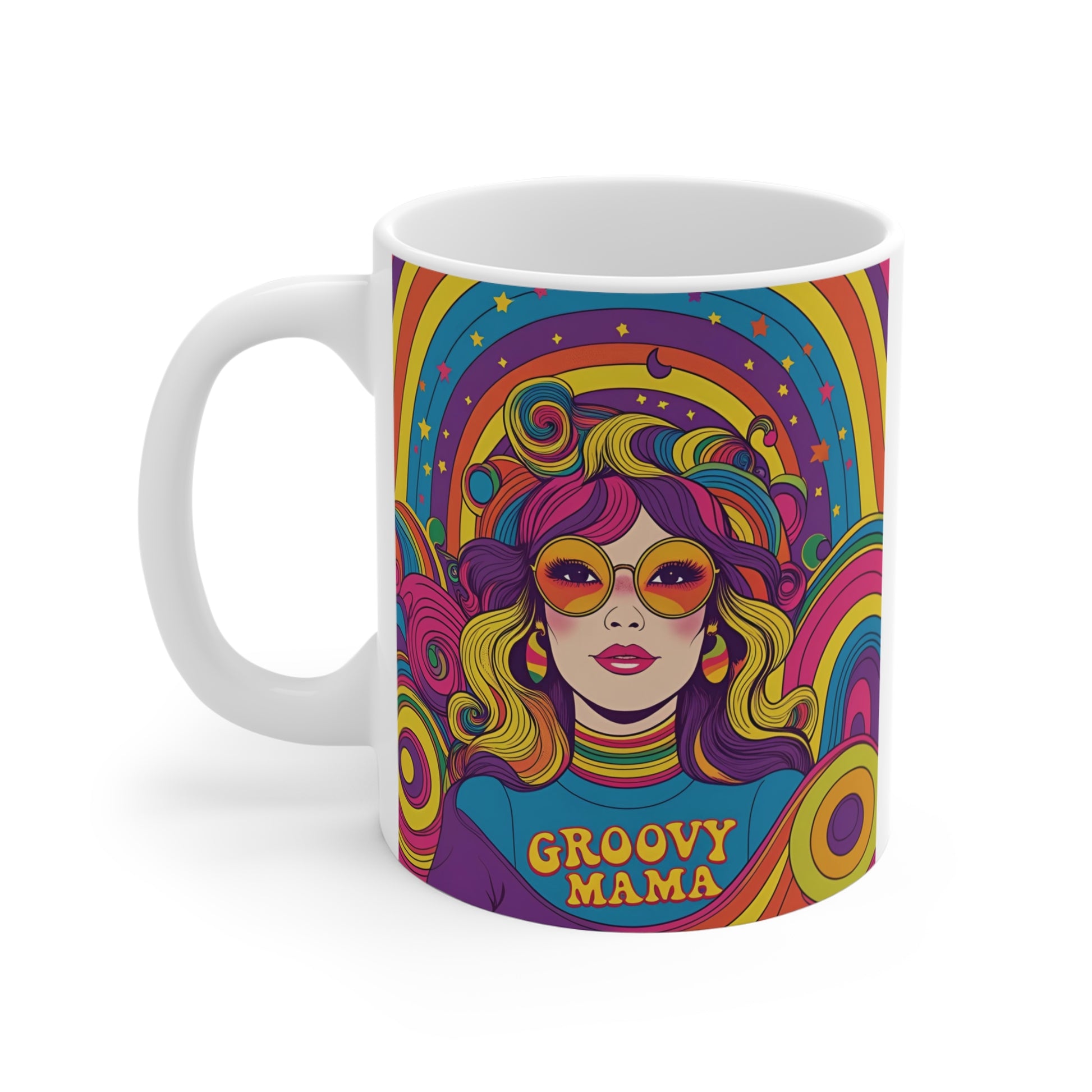 Vintage 70s style hippie mom mug with vibrant boho artwork