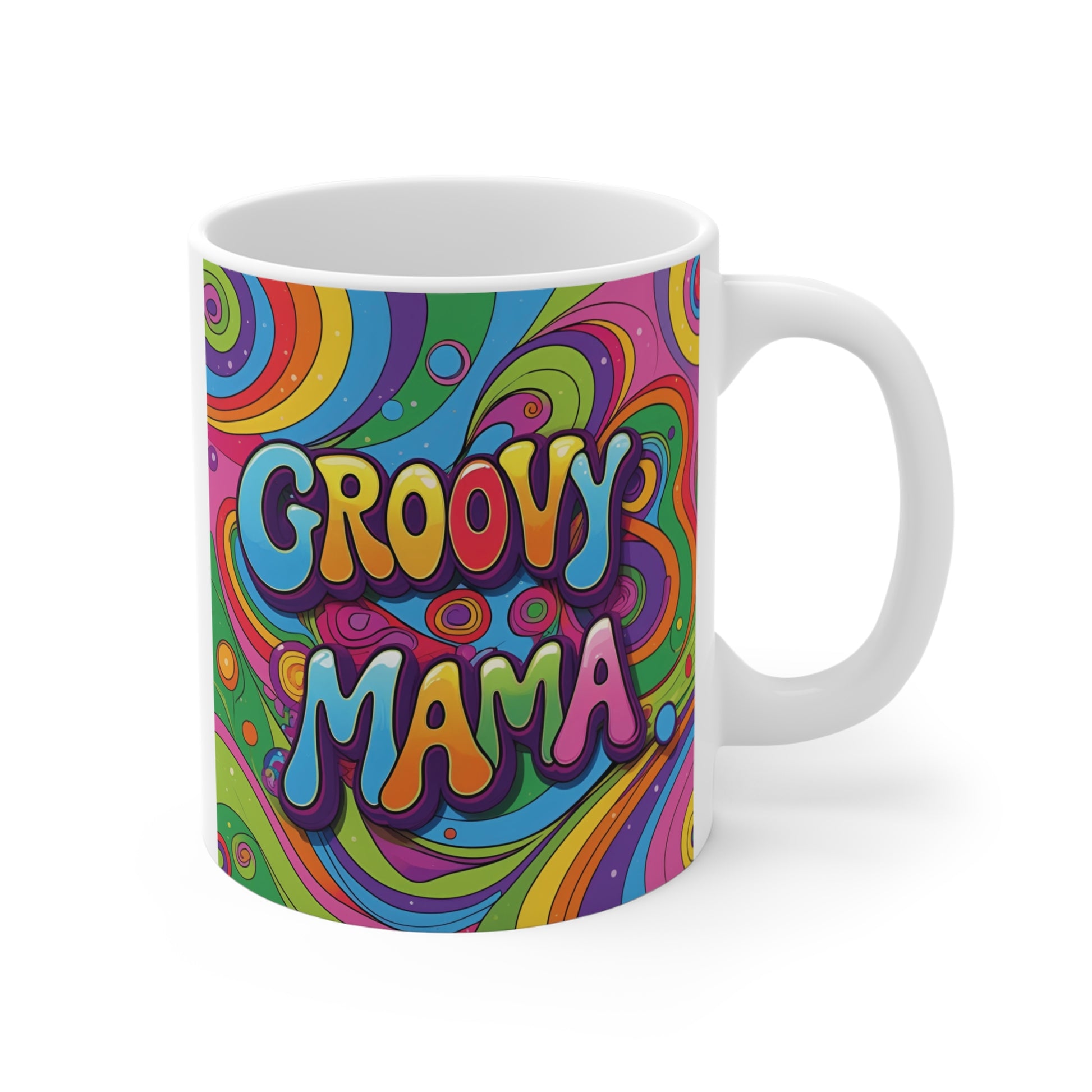 Groovy Mama retro psychedelic colorful 11oz coffee mug with vibrant swirl design