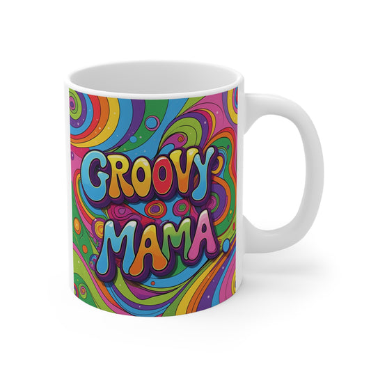 Groovy Mama retro psychedelic colorful 11oz coffee mug with vibrant swirl design
