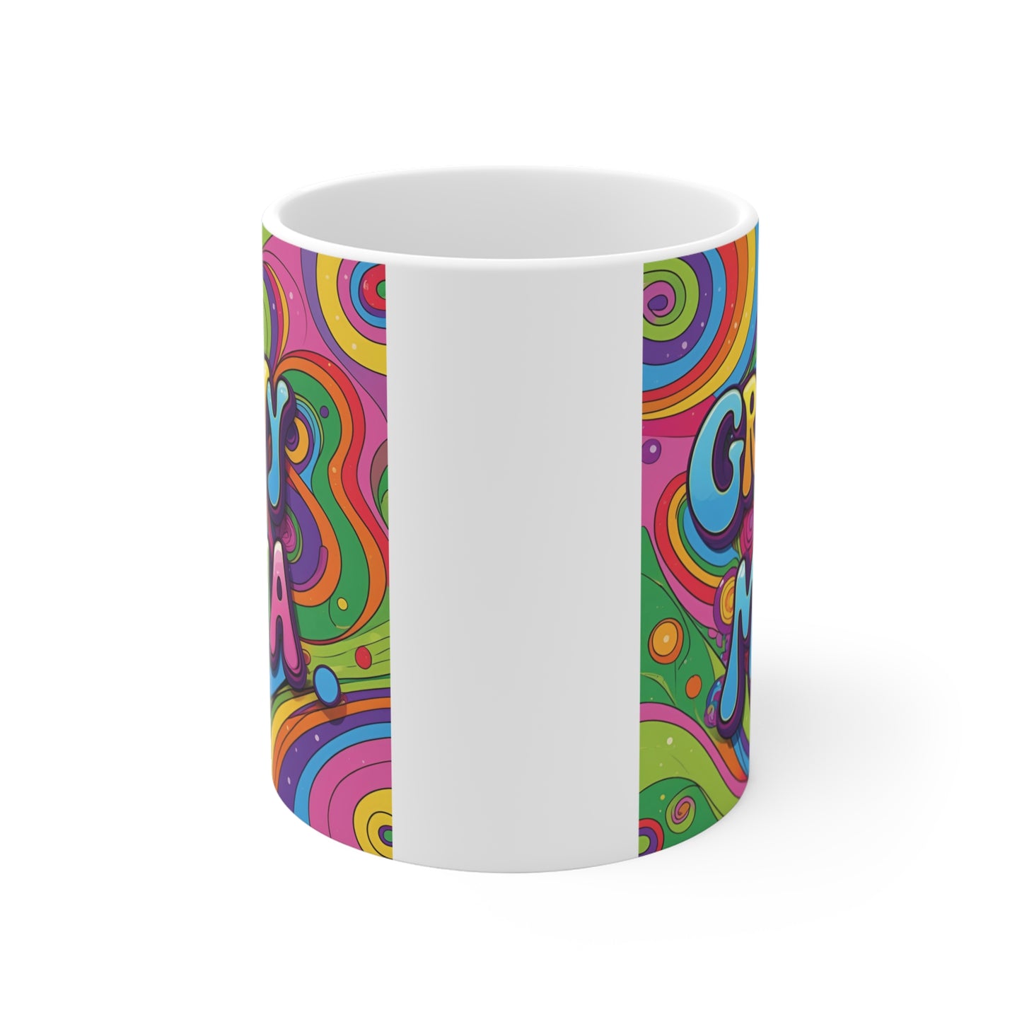 Bright hippie-inspired coffee mug gift for mom with psychedelic pattern and text