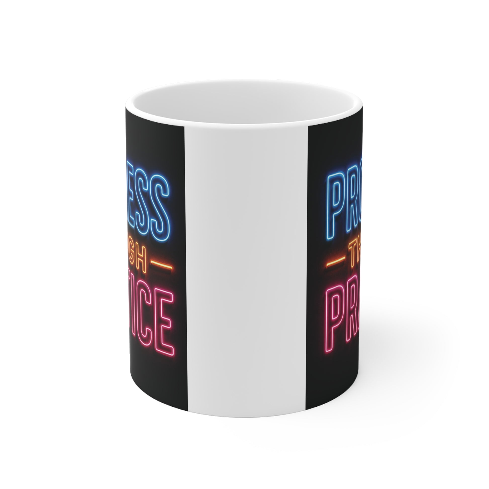 Motivational coffee mug with glowing neon lettering that says "Progress Through Practice," designed for athletes, students, coaches, and martial artists.