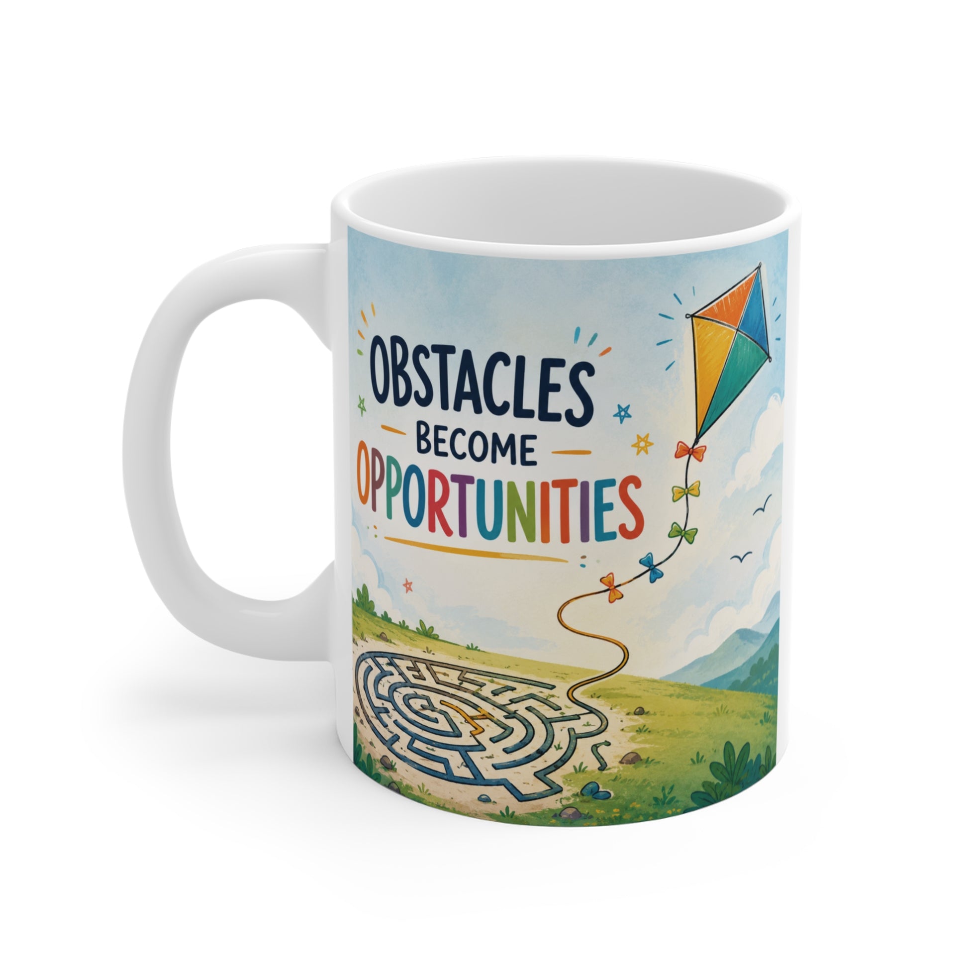 11oz inspirational coffee mug displaying "Obstacles Become Opportunities" alongside a vibrant landscape, maze path, and kite illustration representing perseverance and personal growth.
