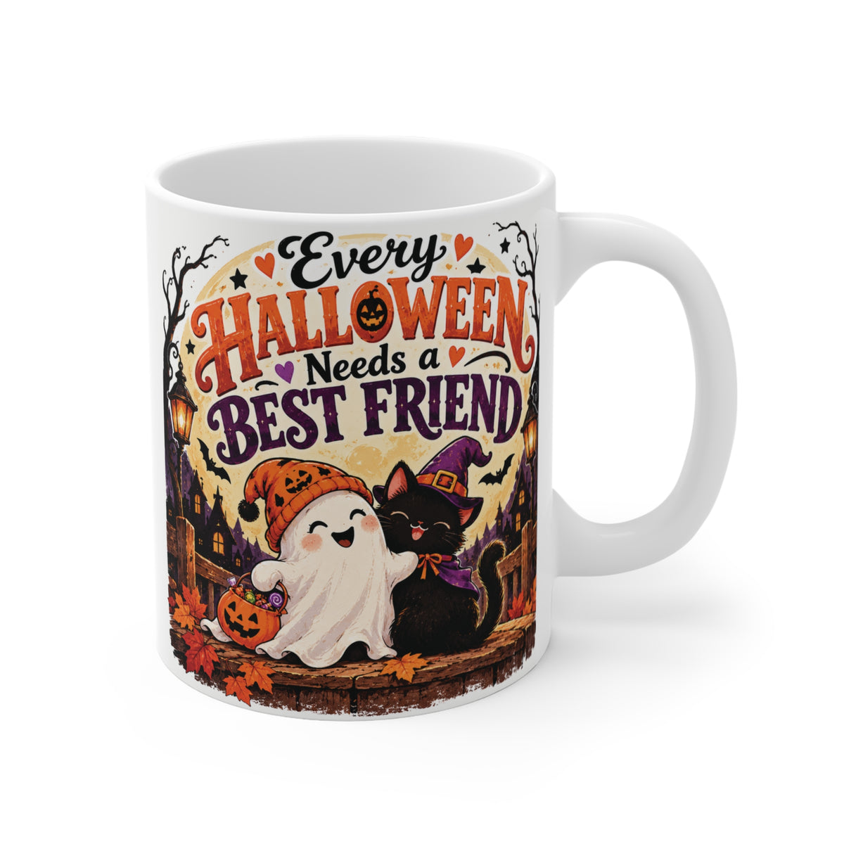 Cute Every Halloween Needs a Best Friend 11oz mug featuring a smiling ghost, black cat and pumpkins, perfect Halloween gift for a best friend.