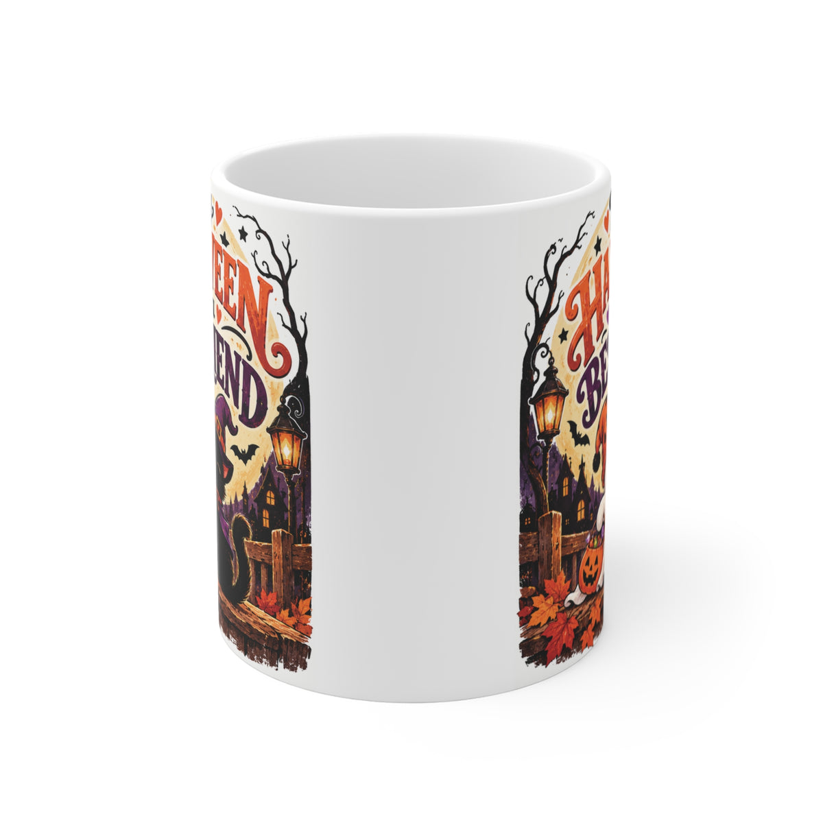 Halloween best friend coffee mug with cute ghost and black cat artwork, pumpkins and vintage spooky details for a fun BFF Halloween gift.