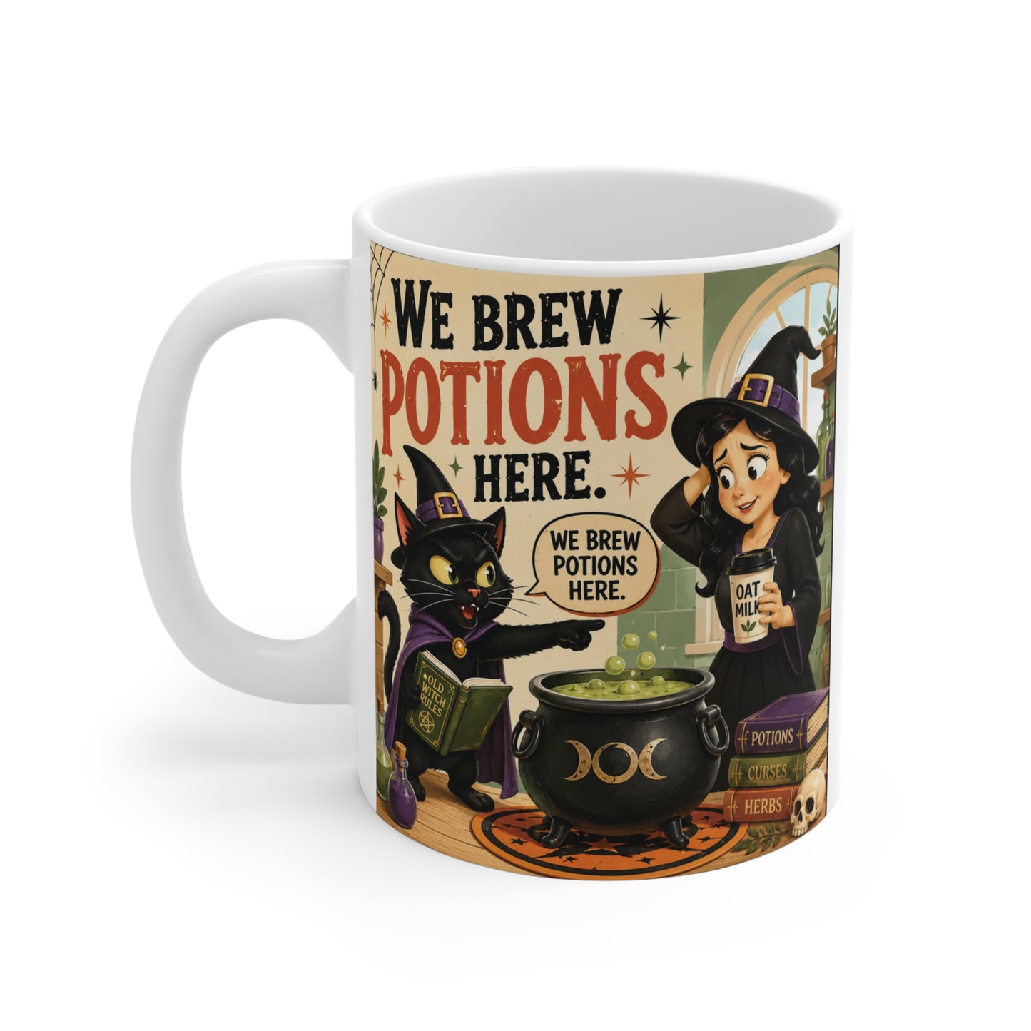 Vintage-style Halloween coffee mug with humorous black cat witch illustration, magical cauldron, and retro typography perfect for spooky season gifts.