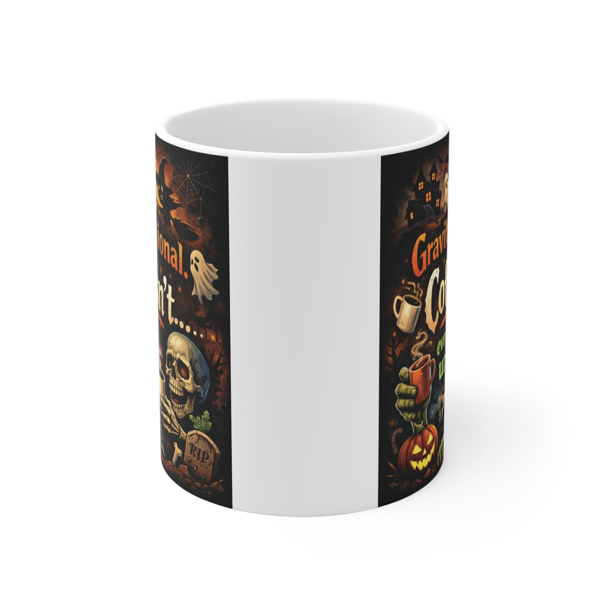 Funny Halloween coffee mug displaying printed artwork of a witch, pumpkin, skeleton, and zombie holding coffee cups under a full moon.