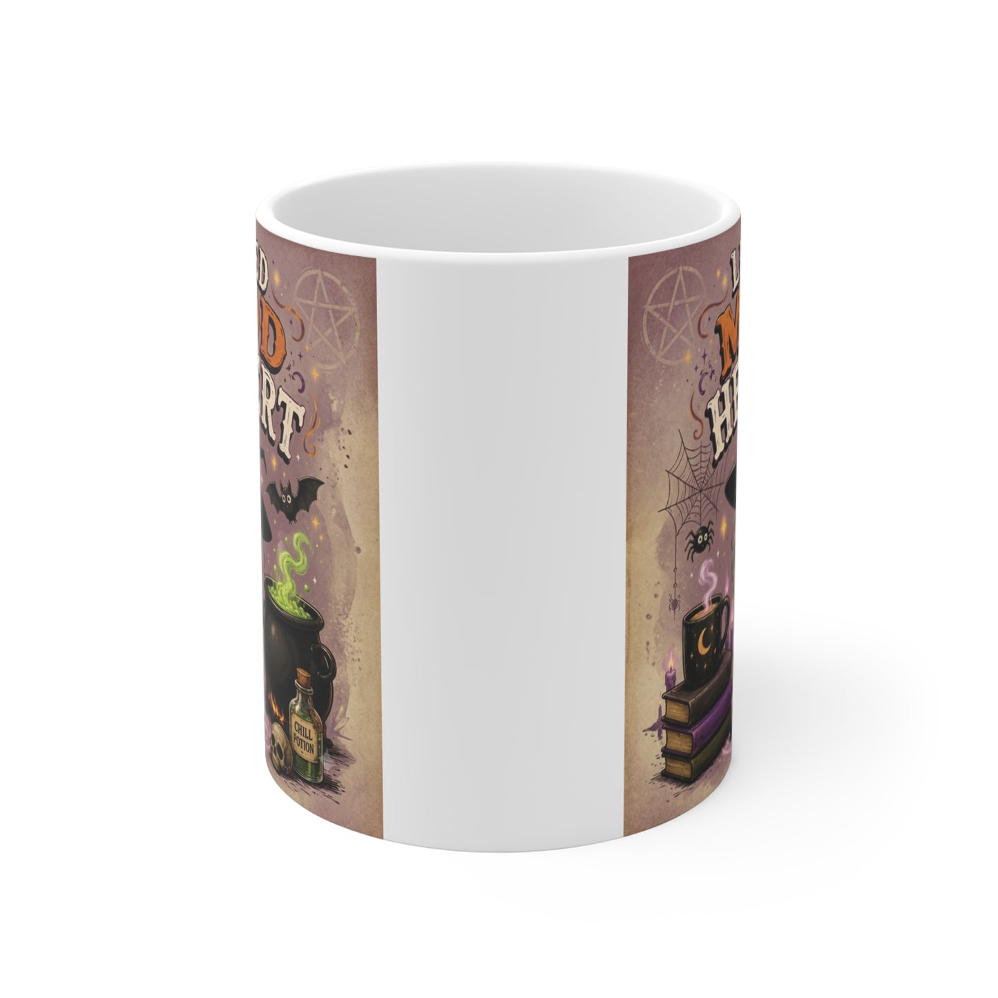 Cute Halloween witch coffee mug with Licensed Mood Hexpert text, magical potion cauldron, black cat, and whimsical spooky illustration on an 11oz ceramic mug.