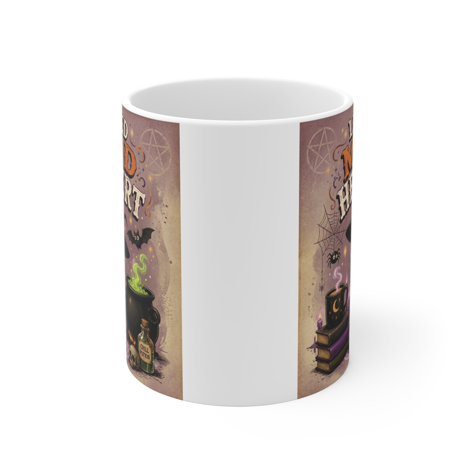 Cute Halloween witch coffee mug with Licensed Mood Hexpert text, magical potion cauldron, black cat, and whimsical spooky illustration on an 11oz ceramic mug.