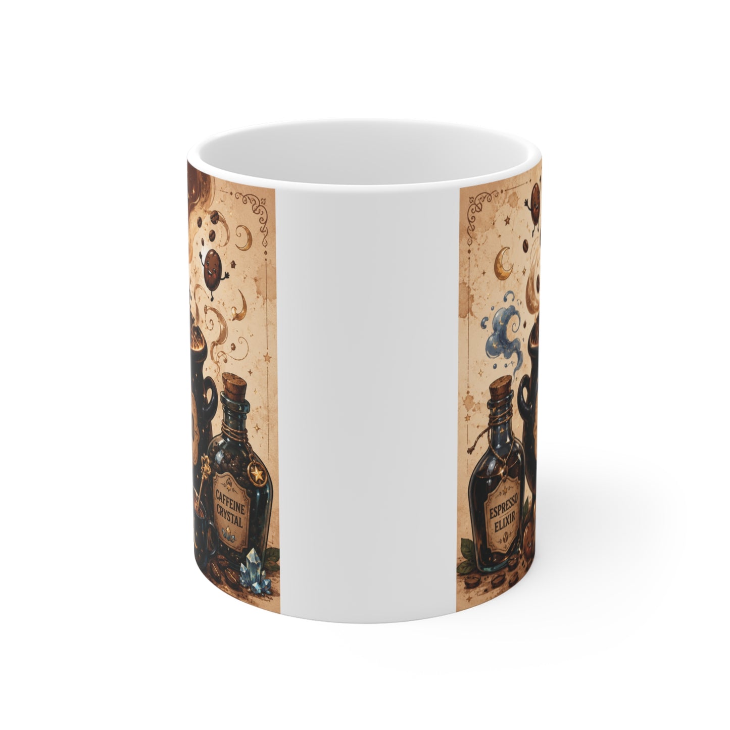 Spooky vintage coffee mug with a Certified Espresso Alchemist badge, magical espresso swirl, floating coffee beans, and Halloween-inspired apothecary artwork for coffee lovers.