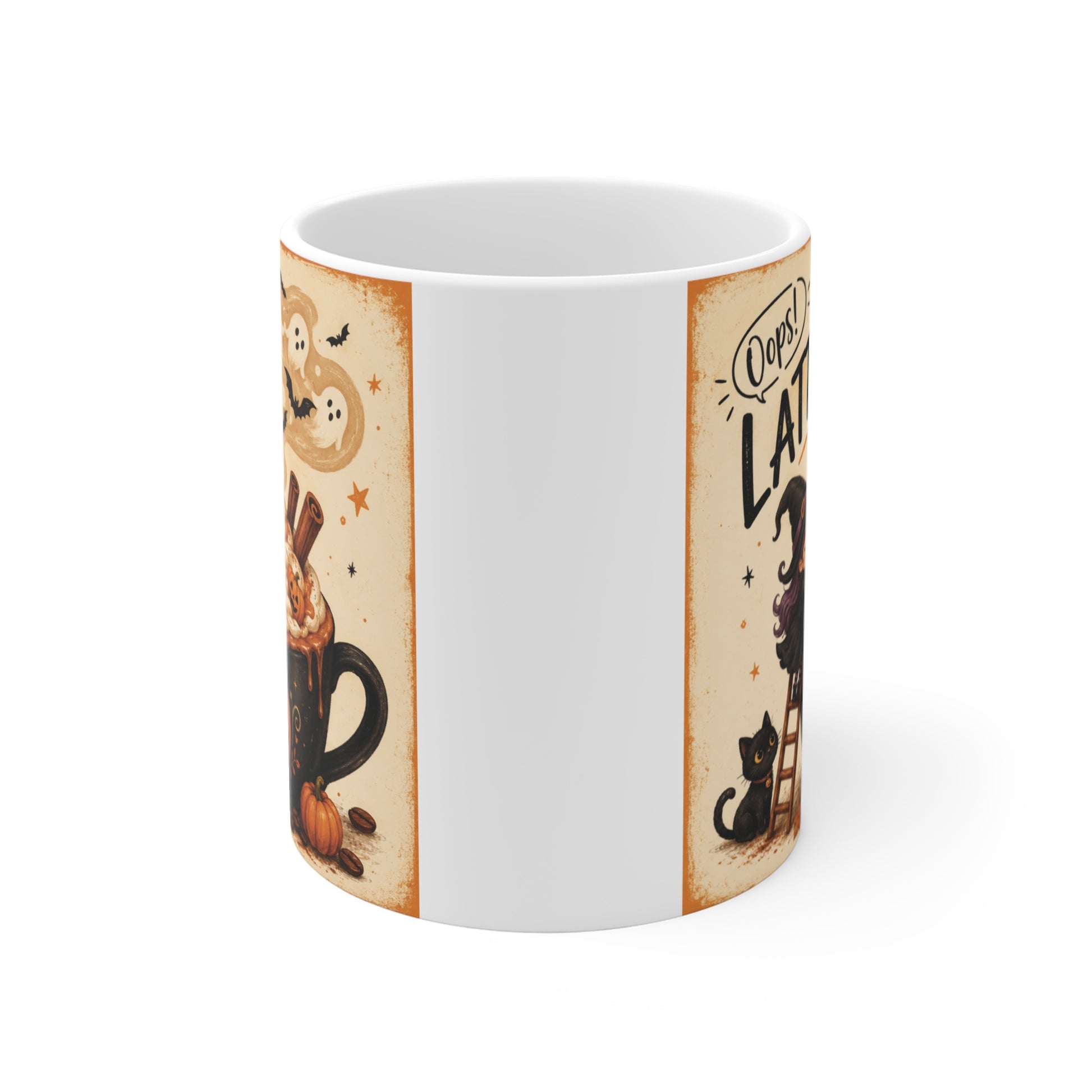 Oops! Latte Halloween mug featuring a cute witch stirring a pumpkin spice latte with ghosts and a black cat, perfect 11oz fall coffee mug gift.