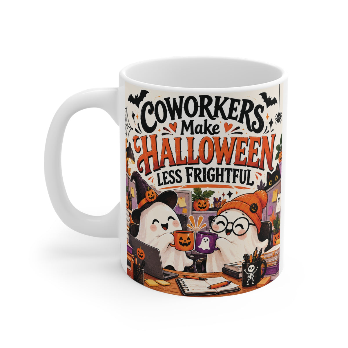 11oz Halloween coworker gift mug with two cute ghosts drinking coffee, designed as a fun seasonal gift for coworkers, colleagues, and work friends.