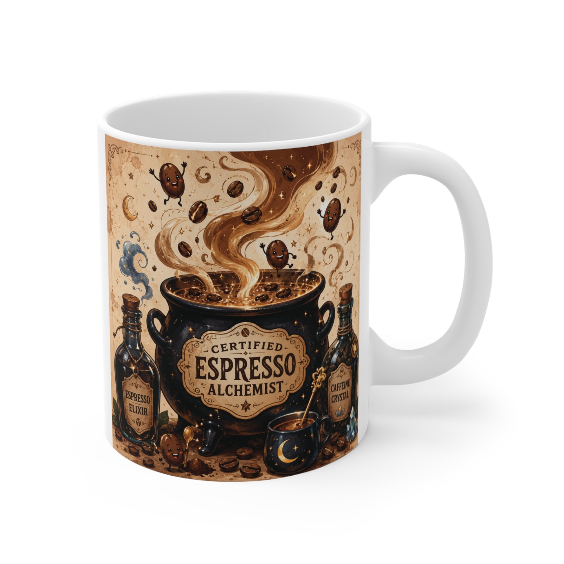 Halloween-themed 11oz ceramic coffee mug featuring a vintage Certified Espresso Alchemist design with swirling espresso, roasted coffee beans, mystical potion bottles, and a cozy spooky aesthetic.
