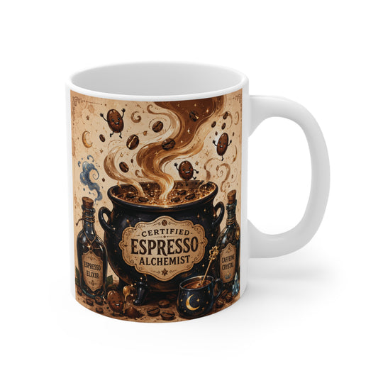 Halloween-themed 11oz ceramic coffee mug featuring a vintage Certified Espresso Alchemist design with swirling espresso, roasted coffee beans, mystical potion bottles, and a cozy spooky aesthetic.