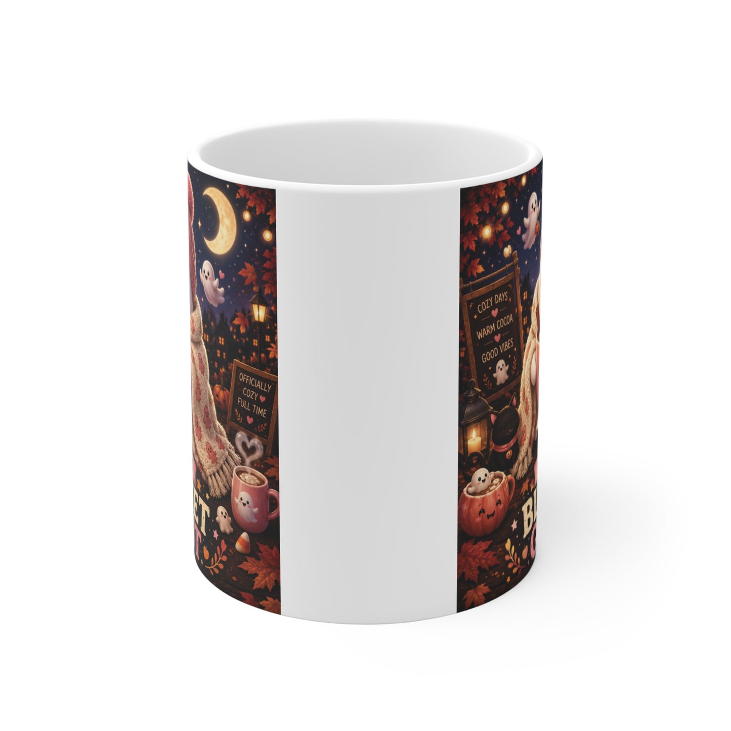 Cute Halloween ghost coffee mug with Certified Blanket Ghost design, cozy blanket, knit beanie, smiling cocoa cup, and spooky fall aesthetic.