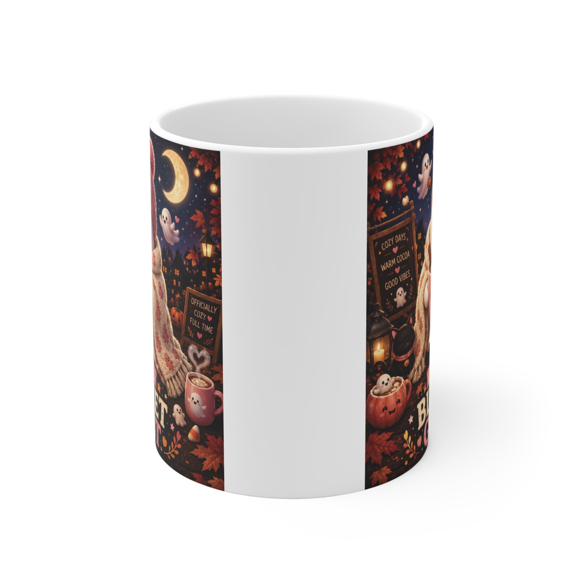 Cute Halloween ghost coffee mug with Certified Blanket Ghost design, cozy blanket, knit beanie, smiling cocoa cup, and spooky fall aesthetic.