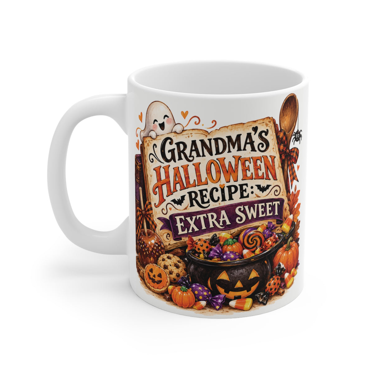 Halloween gift for Grandma 11oz mug with Grandma’s Halloween Recipe Extra Sweet design, pumpkins, candy and festive fall details.