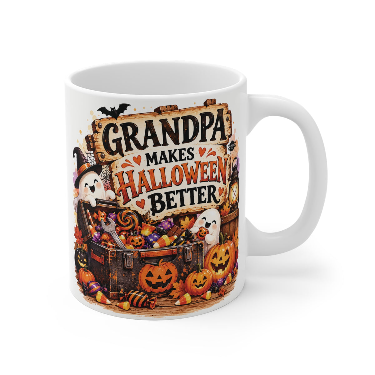 Grandpa Makes Halloween Better 11oz mug with cute ghosts, pumpkins, candy and vintage Halloween artwork.