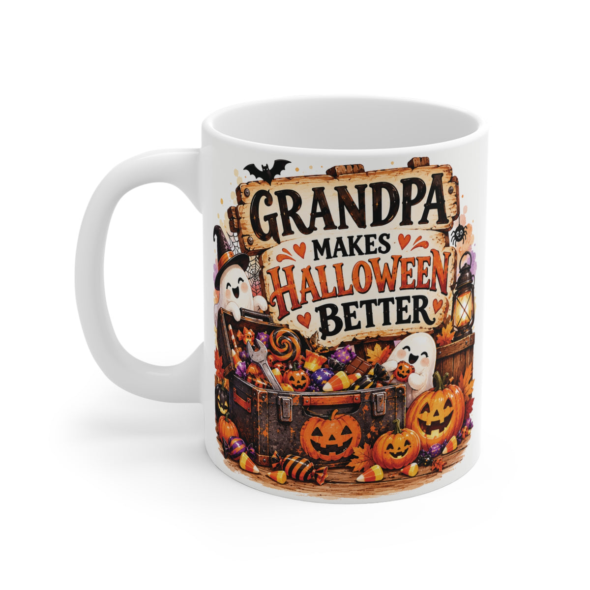 11oz Halloween gift mug for Grandpa with Grandpa Makes Halloween Better text, cute pumpkins, ghosts and Halloween candy.