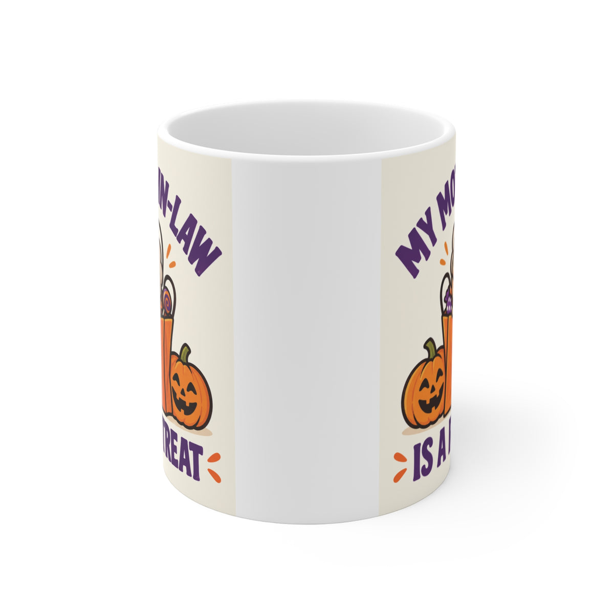 Cute 11oz Halloween gift mug for mother-in-law with a smiling MIL in a trick-or-treat bag surrounded by jack-o’-lanterns.