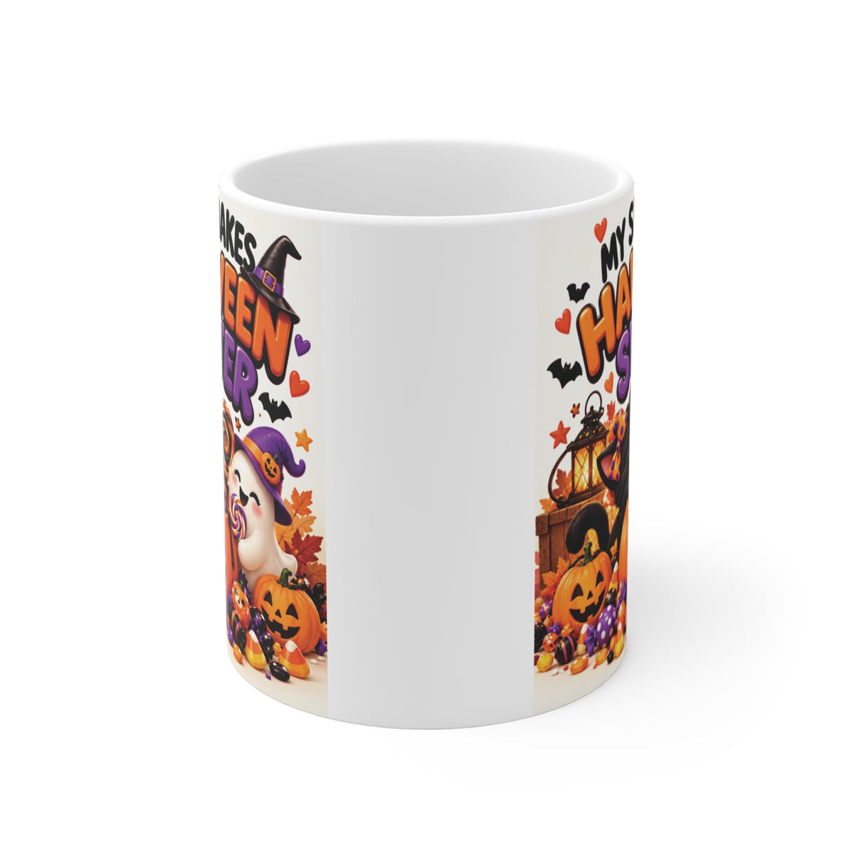 Cute Halloween gift for sister featuring My Sister Makes Halloween Sweeter with pumpkins, candy, bats and playful ghost artwork.