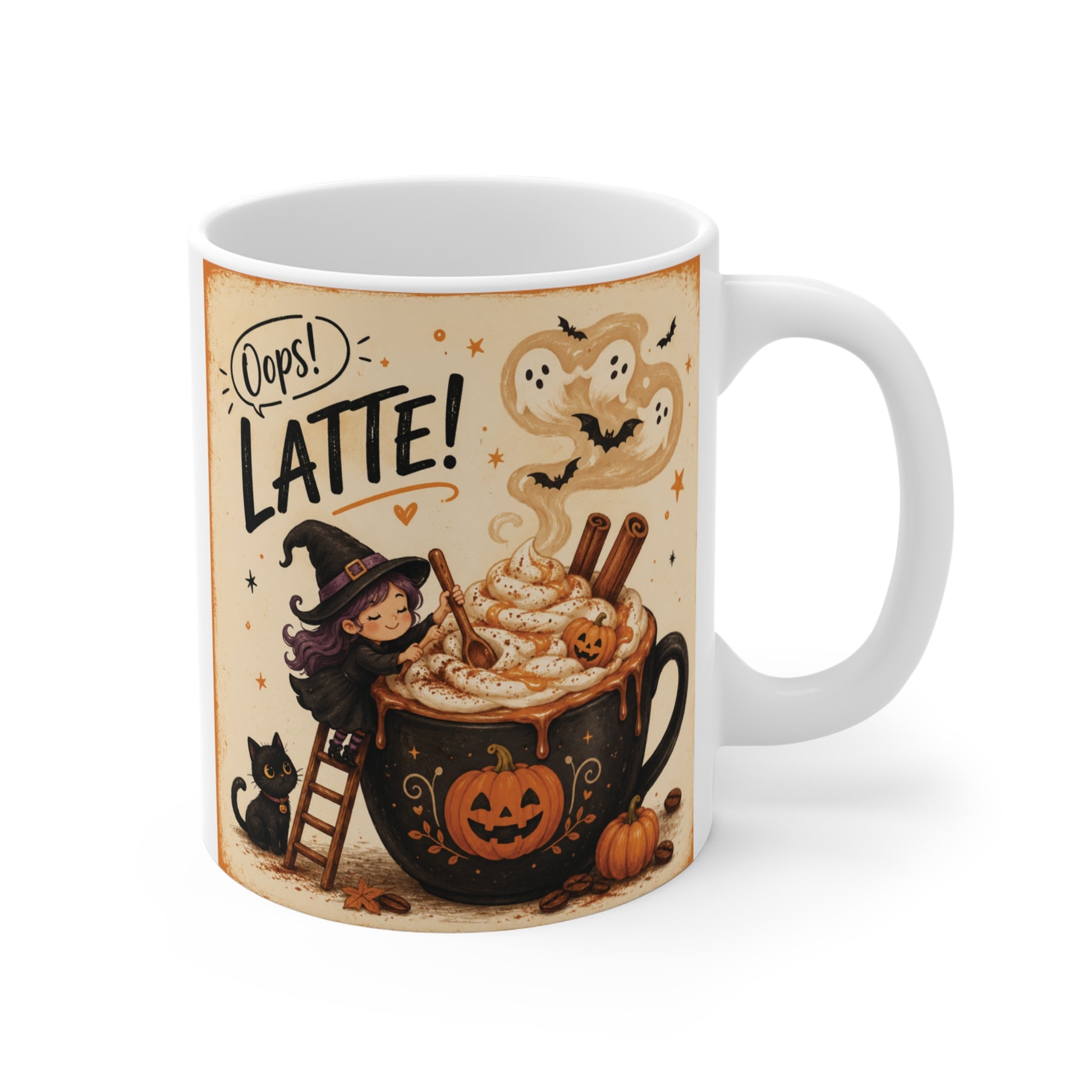 White 11oz ceramic mug with "Oops! Latte!" printed in a vintage poster style, featuring a tiny witch on a ladder stirring a giant coffee mug with whipped cream, bats, ghosts, pumpkins, and a black cat.