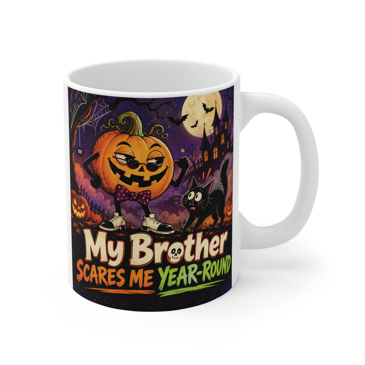 My Brother Scares Me Year-Round Halloween mug for brother with funny pumpkin, black cat and spooky haunted house design