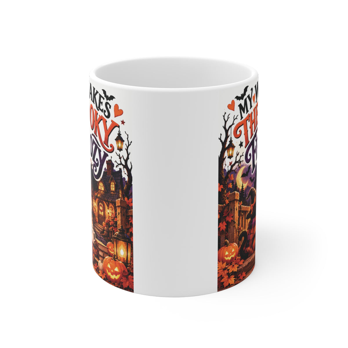Cute Halloween mug for wife featuring colorful cozy spooky season artwork and My Wife Makes the Spooky Feel Cozy quote