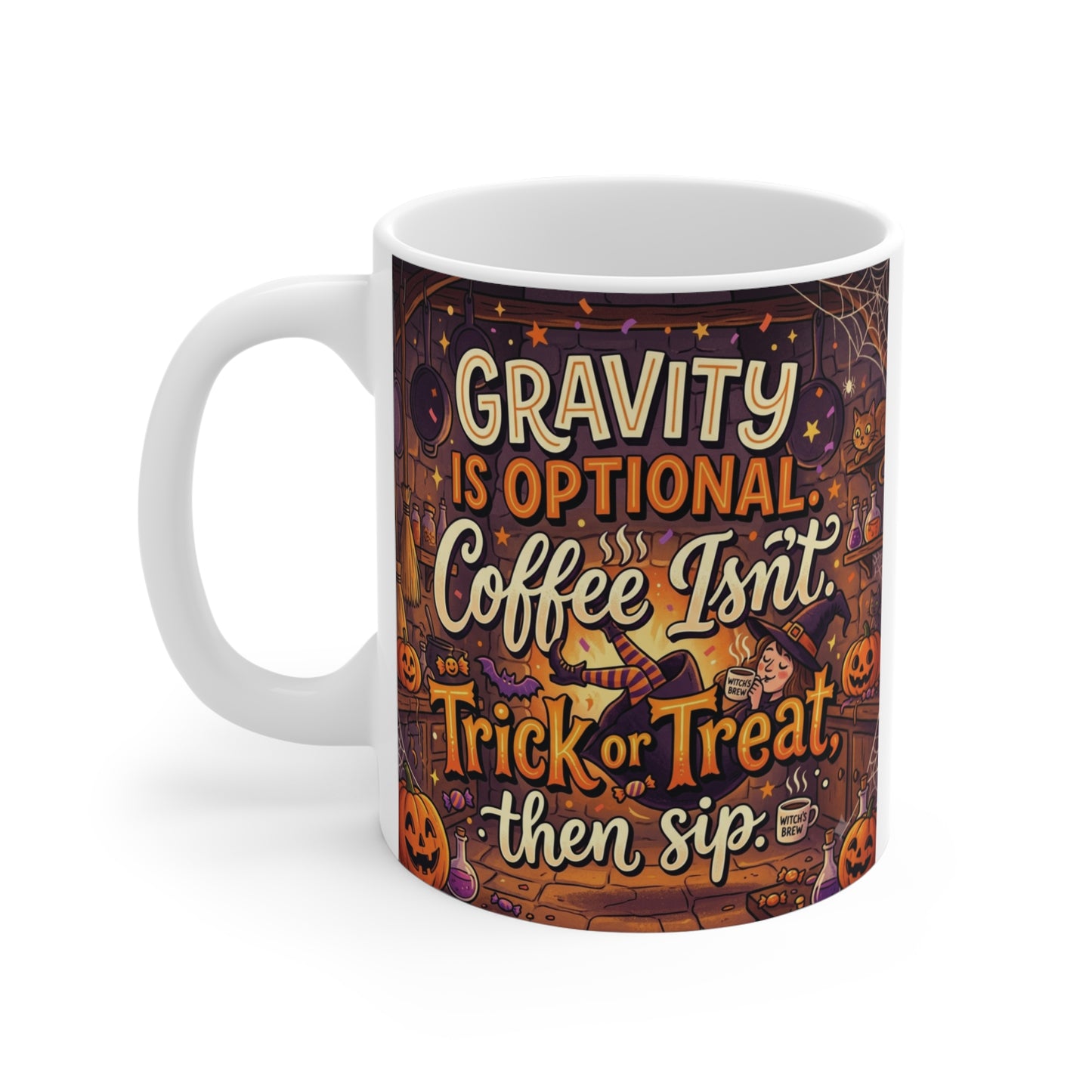 Cute autumn coffee mug with vintage-style Halloween lettering, pumpkins, coffee-themed illustrations, and cozy fall colors for coffee lovers.