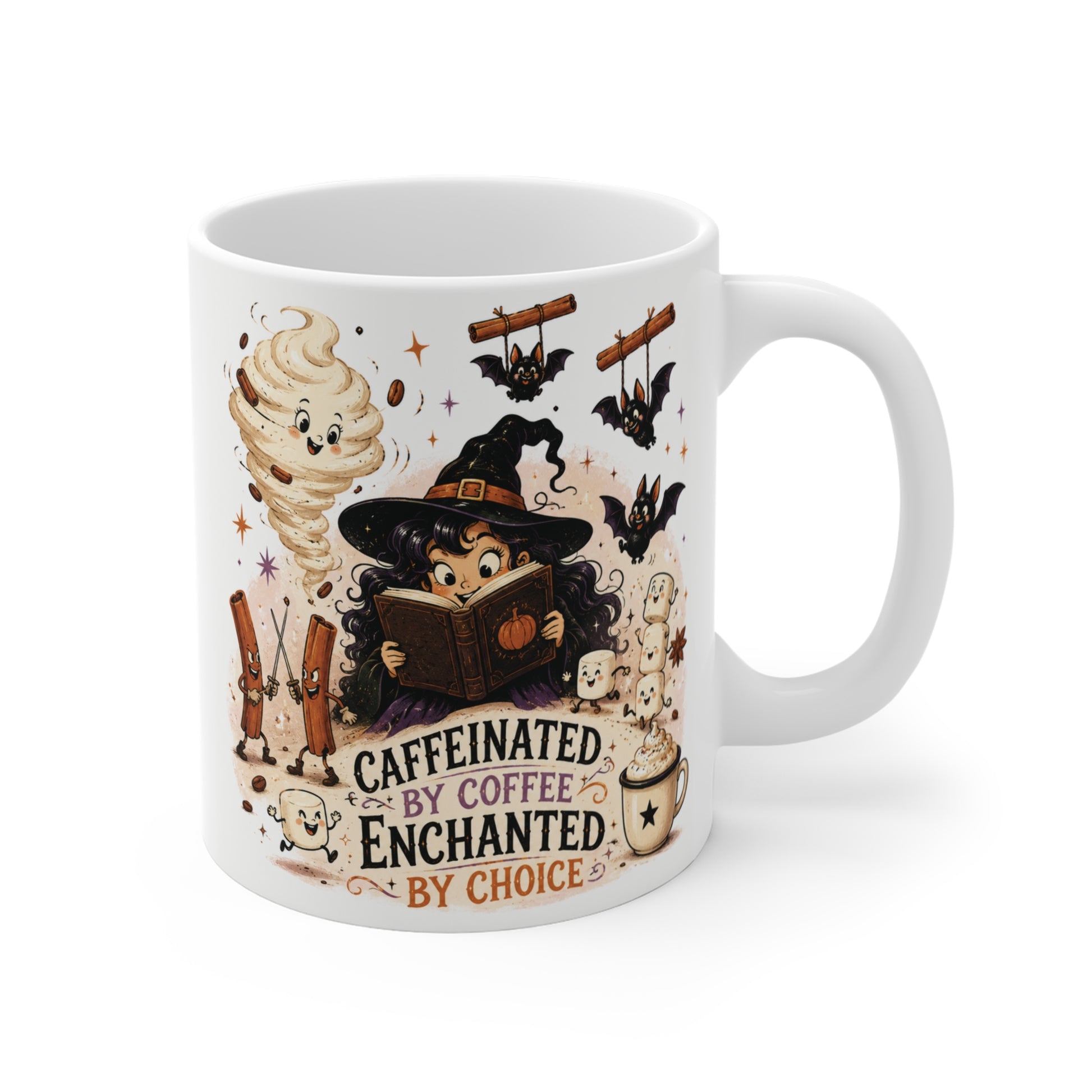 Funny witch coffee mug featuring a cute witch reading a spellbook with bats and the quote "Caffeinated by Coffee, Enchanted by Choice" on an 11oz ceramic mug.