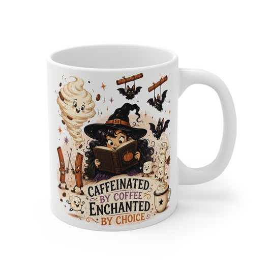 Funny witch coffee mug featuring a cute witch reading a spellbook with bats and the quote "Caffeinated by Coffee, Enchanted by Choice" on an 11oz ceramic mug.