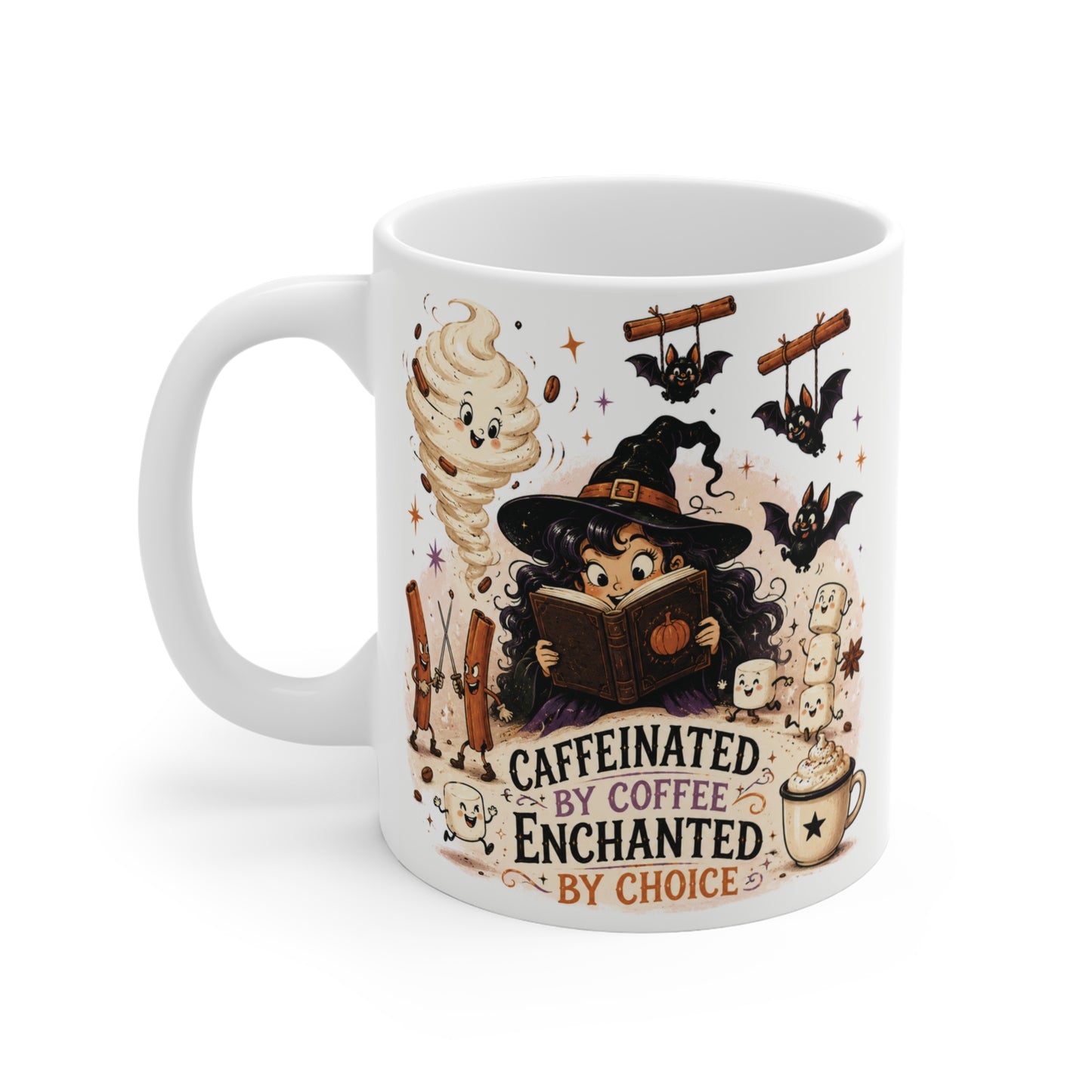 Cute witchcore coffee mug with magical spellbook, bats, cinnamon-inspired artwork, and funny coffee quote, perfect gift for coffee lovers and Halloween fans.