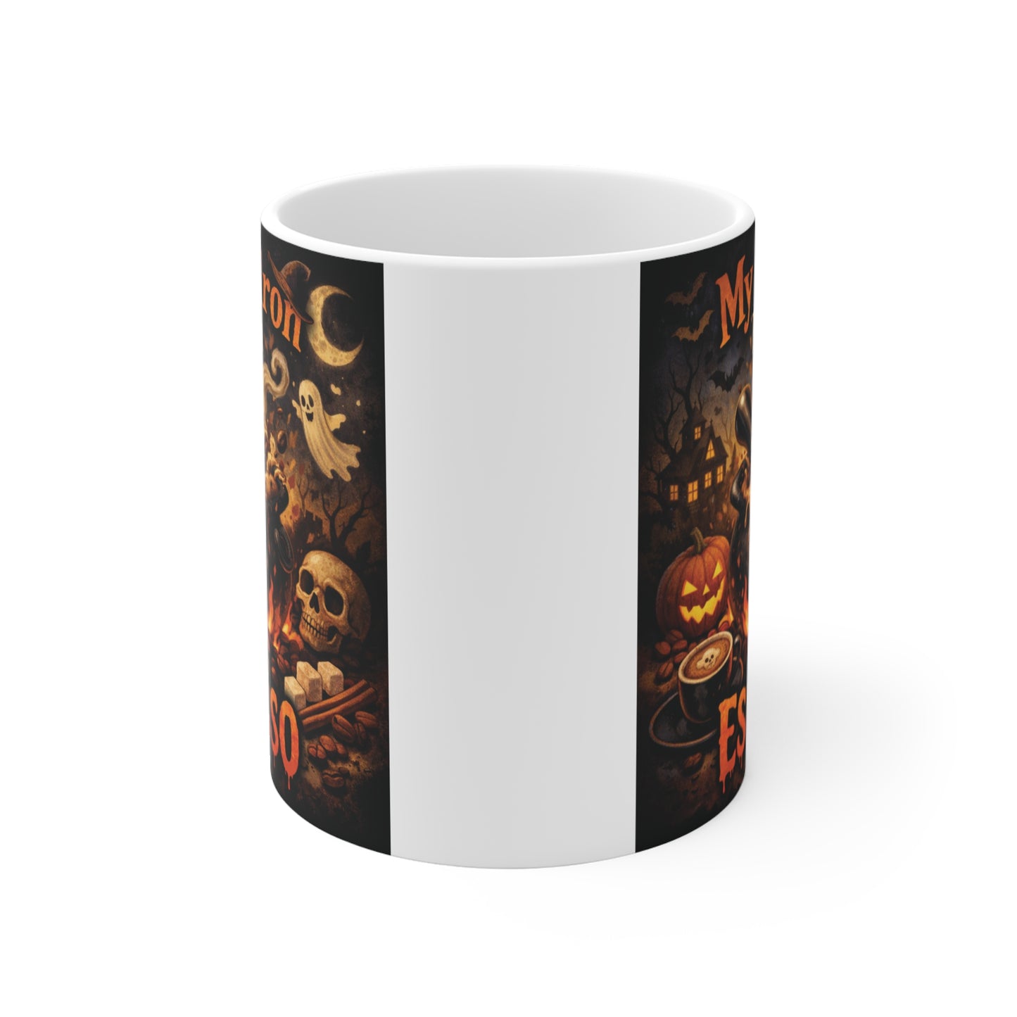 Funny Halloween coffee mug featuring the phrase "My Cauldron Runs on Espresso" with a bubbling cauldron, pumpkins, skulls, bats, and spooky autumn artwork on an 11oz ceramic mug for coffee lovers.