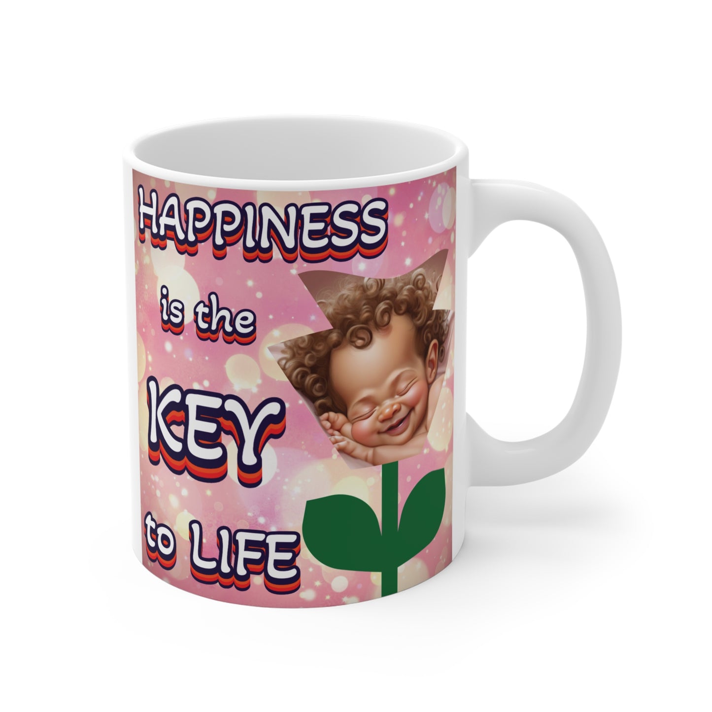 Inspirational quote mug with smiling baby flower graphic and pink bokeh background, happiness themed gift idea