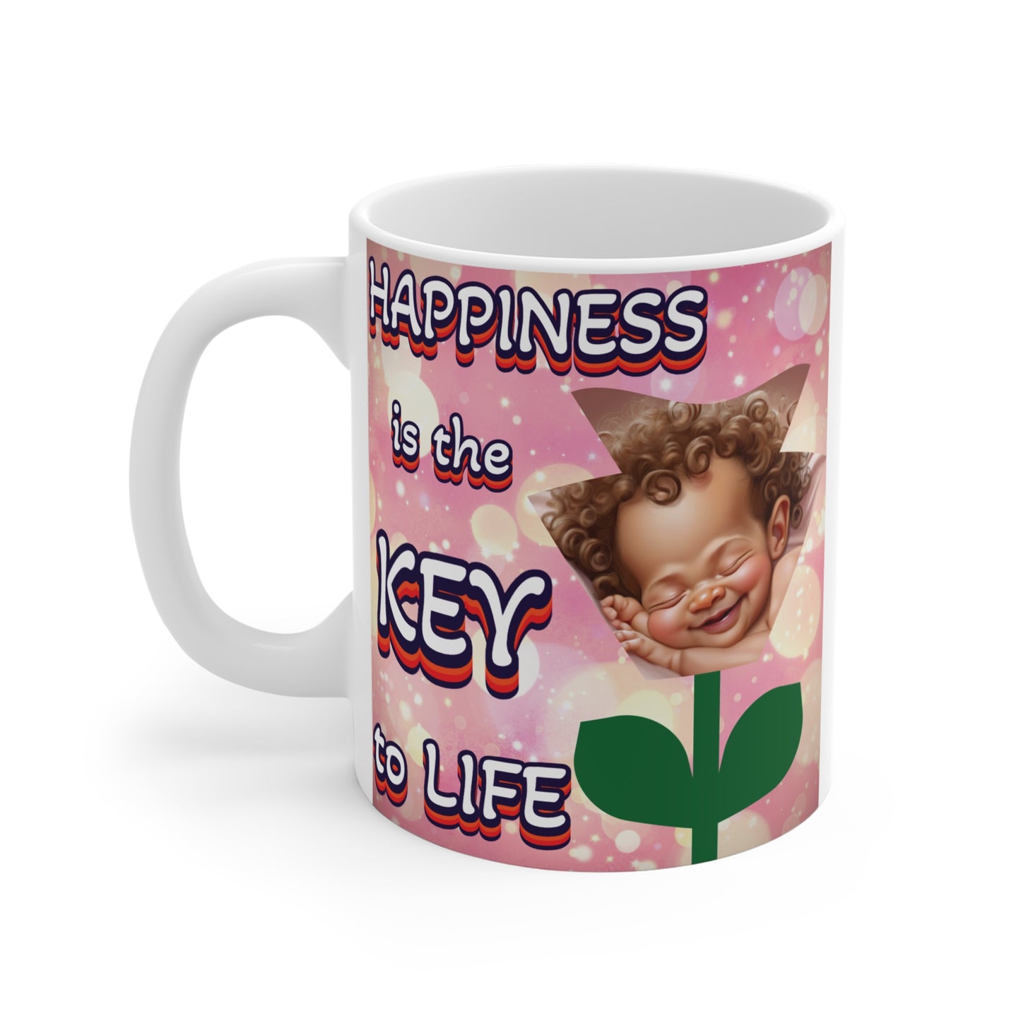 Inspirational happiness coffee mug with smiling baby and quotes
