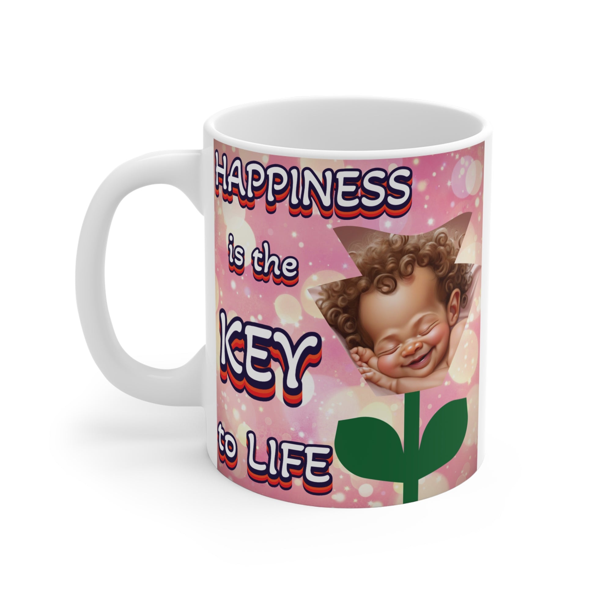 Inspirational happiness coffee mug with smiling baby and quotes