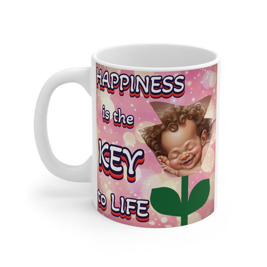Inspirational happiness coffee mug with smiling baby and quotes