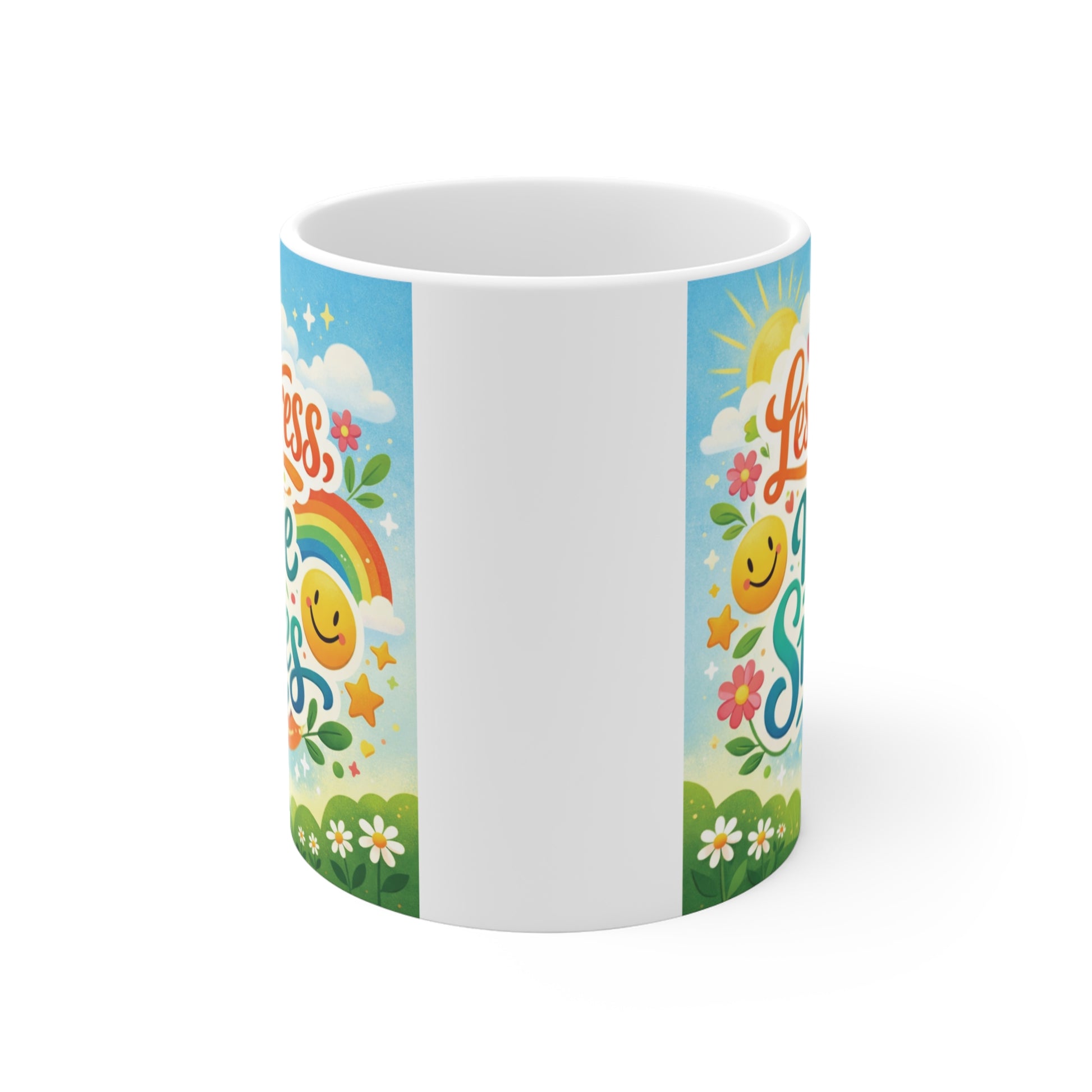 Motivational white ceramic mug with vibrant rainbow artwork and "Less Stress More Smiles" message, perfect for coffee and tea lovers.