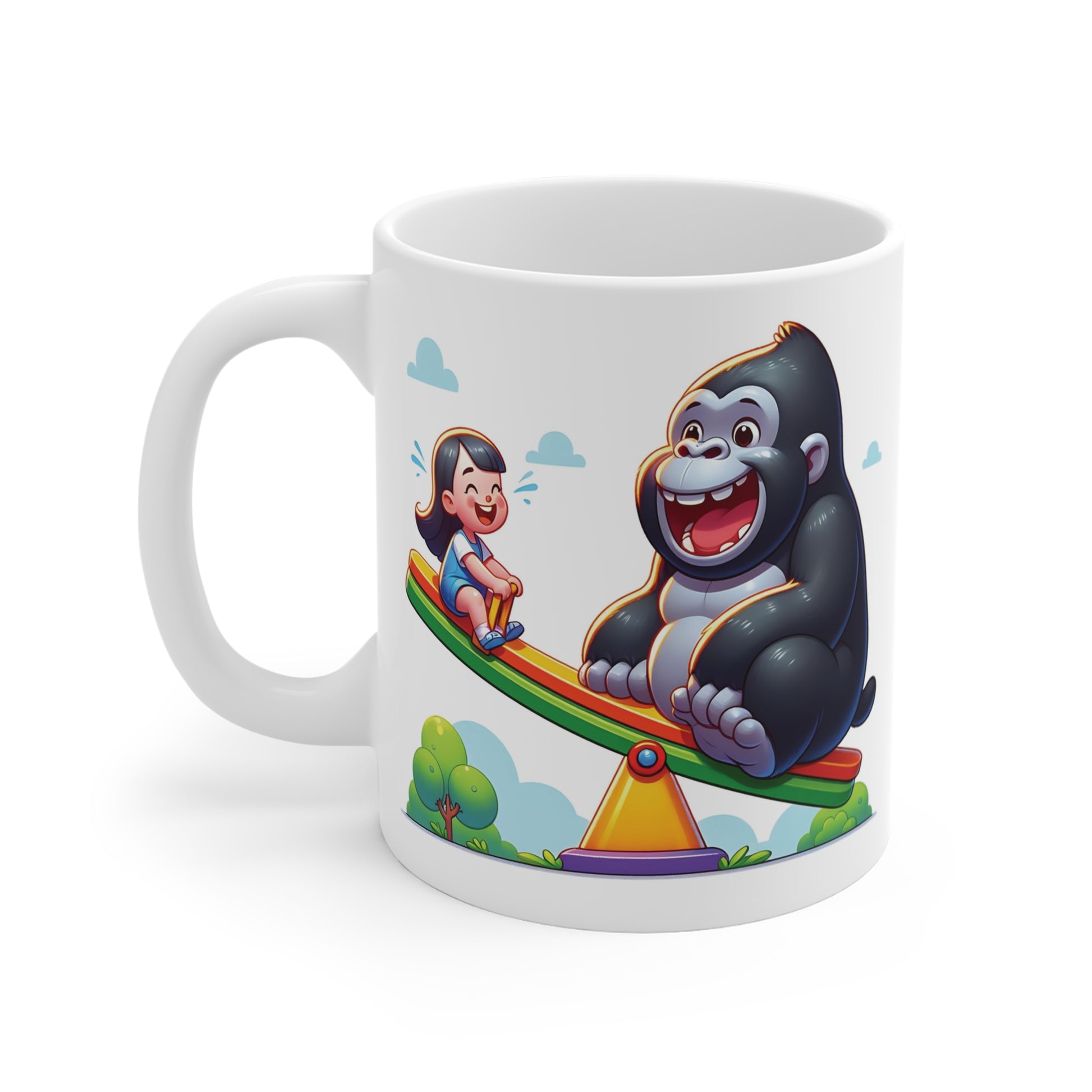 Happy ape and child on teeter totter, playful kids illustration with bright colors, fun animal mug design