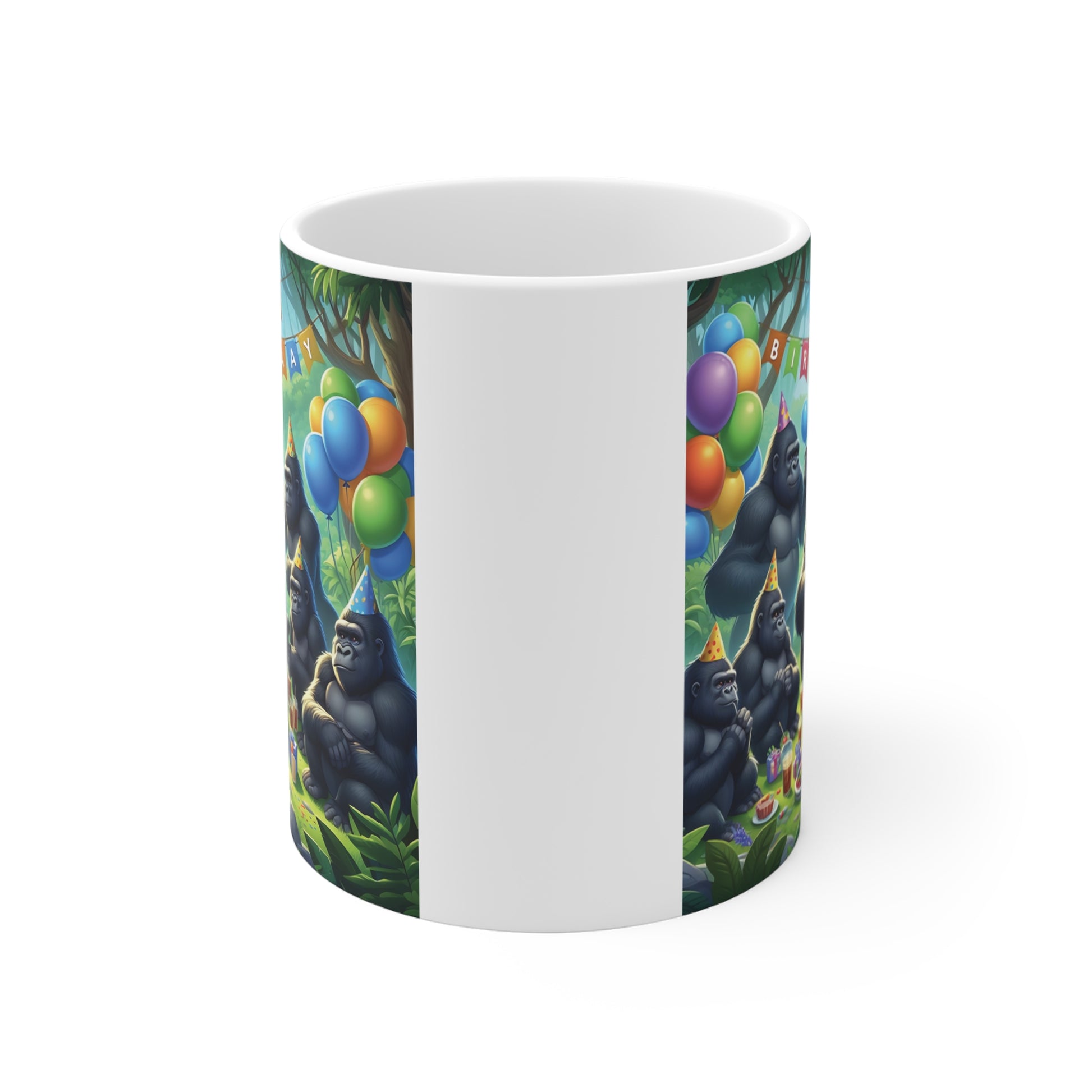Cute cartoon gorillas celebrating birthday with cake and decorations on 11oz coffee mug gift idea