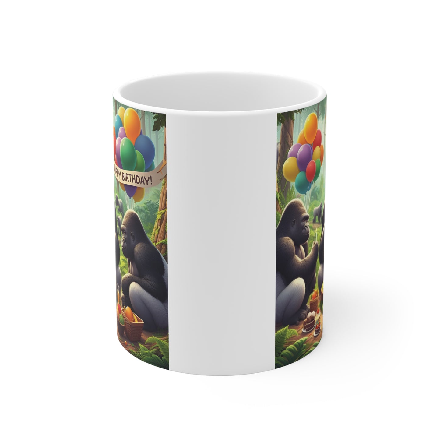 Fun birthday-themed mug showing a gorilla lighting candles on a decorated cake while other gorillas gather with balloons in a forest celebration scene.