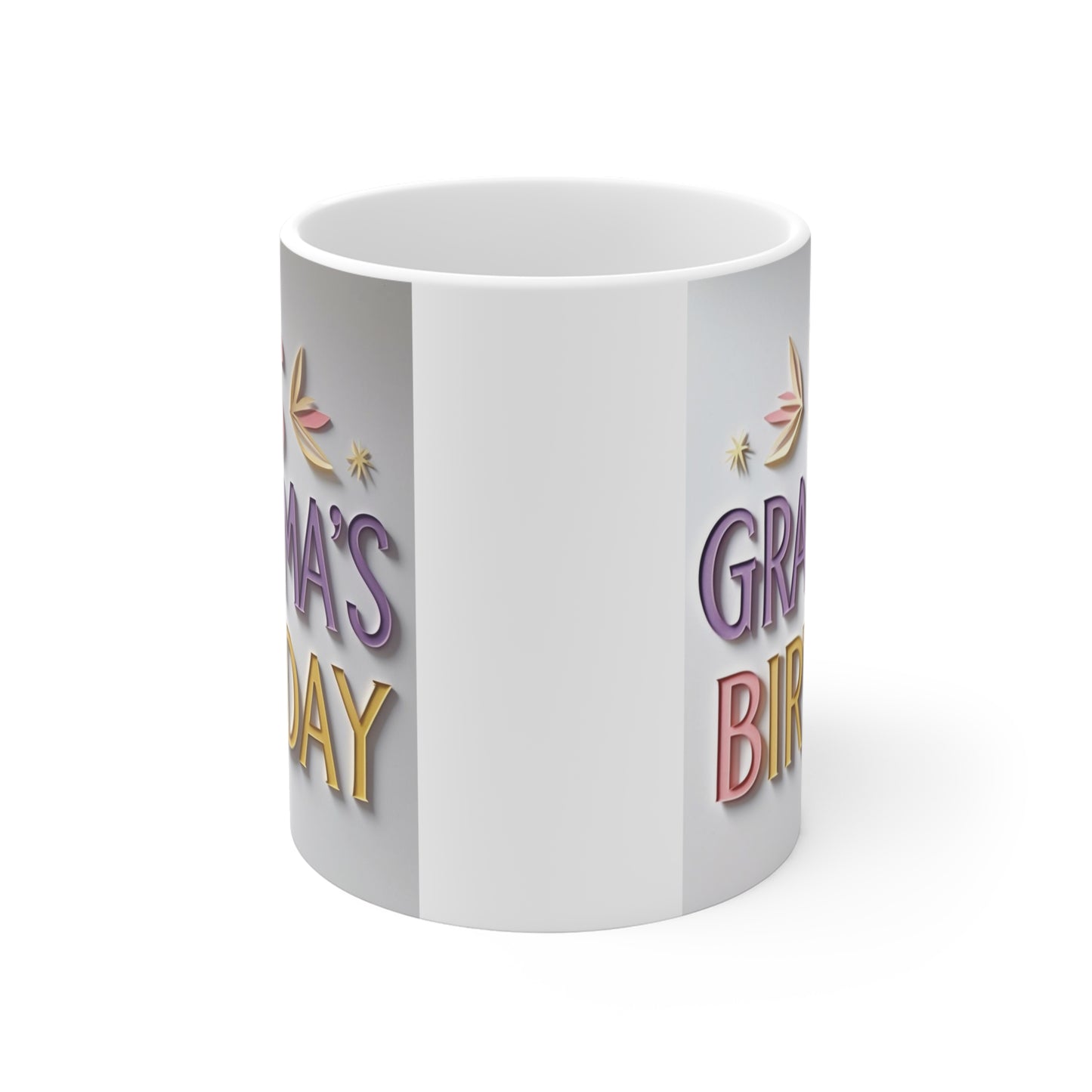 White ceramic Grandma birthday coffee mug with colorful “It’s Grandma’s Birthday” text design for tea and coffee lovers.
