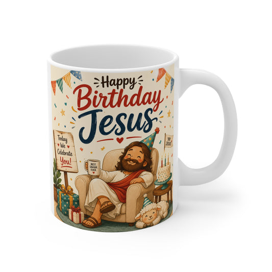 11oz white ceramic coffee mug with Happy Birthday Jesus text and a cartoon Jesus resting in a chair next to a lamb and birthday cake.