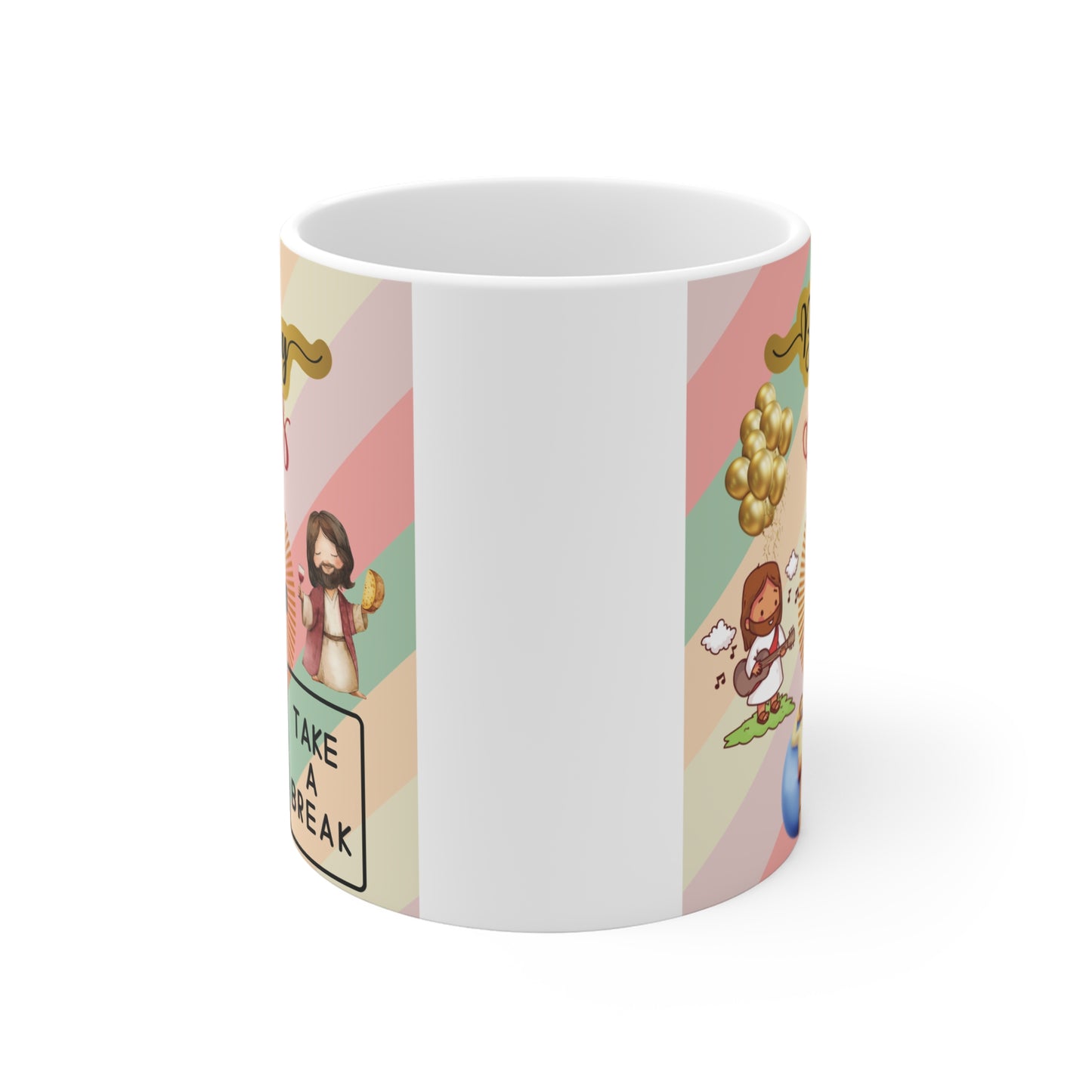 White ceramic mug with colorful religious design celebrating 'Happy Birthday Jesus,' featuring cross, cartoon Jesus illustrations, and text 'Take a Break.'