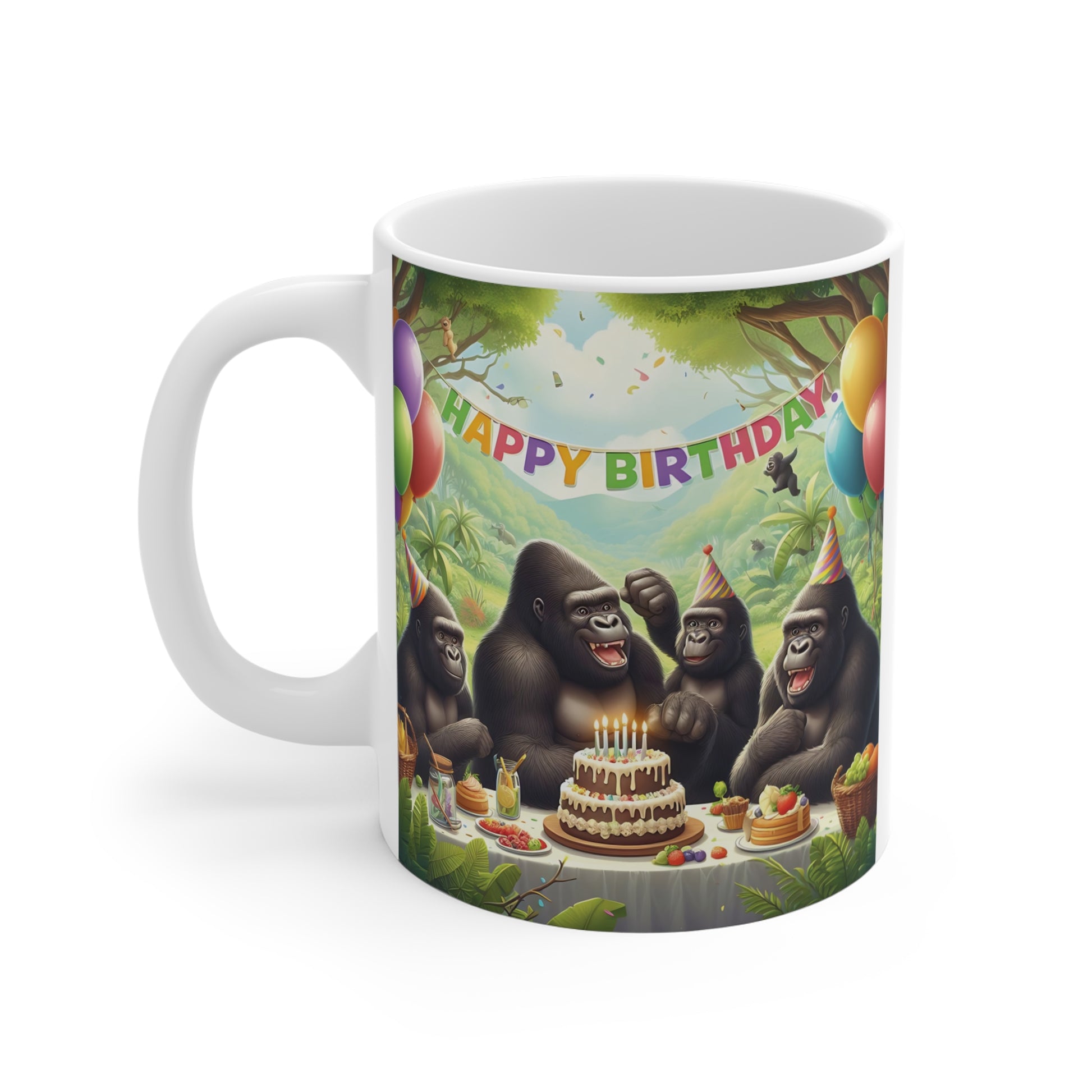 Cute gorillas celebrating birthday with cake and balloons, colorful forest party scene on white mug