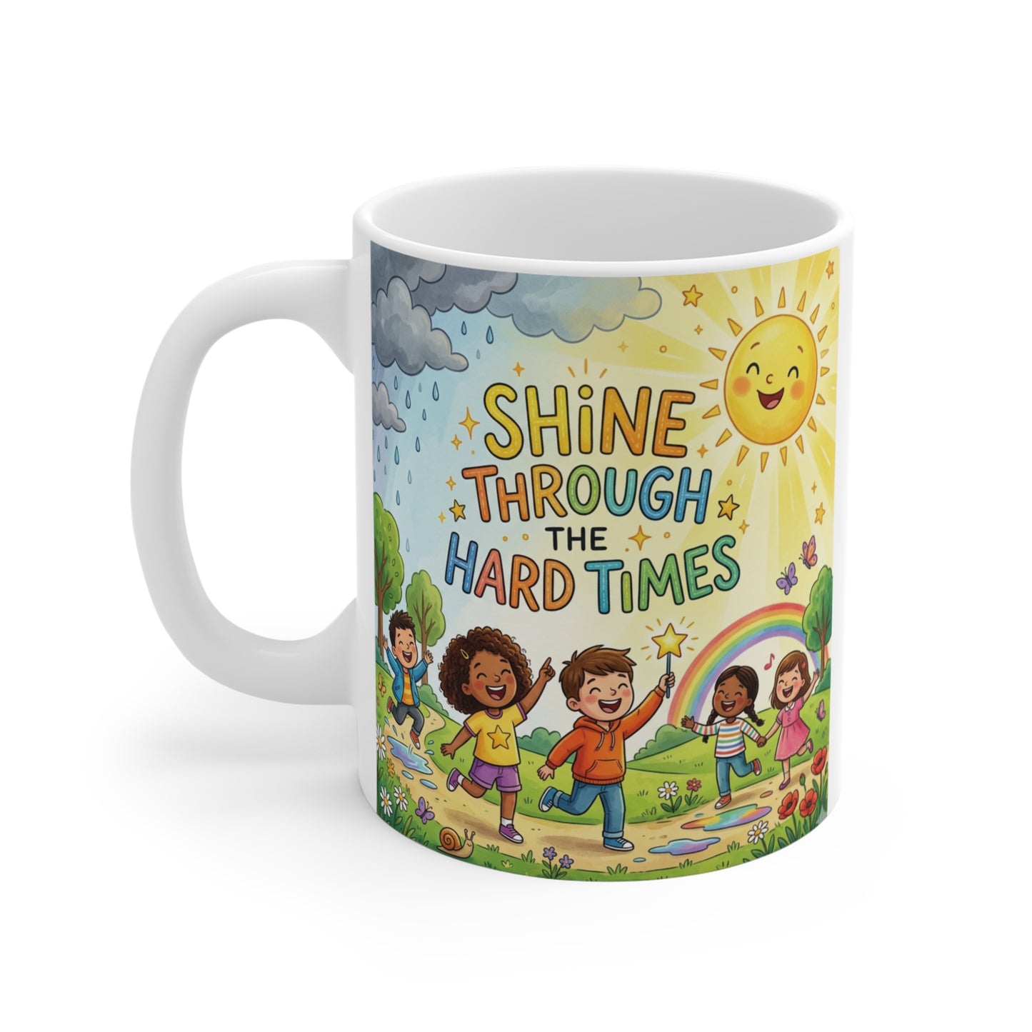 Cute motivational coffee mug for kids and teens with uplifting rainbow artwork and positive message